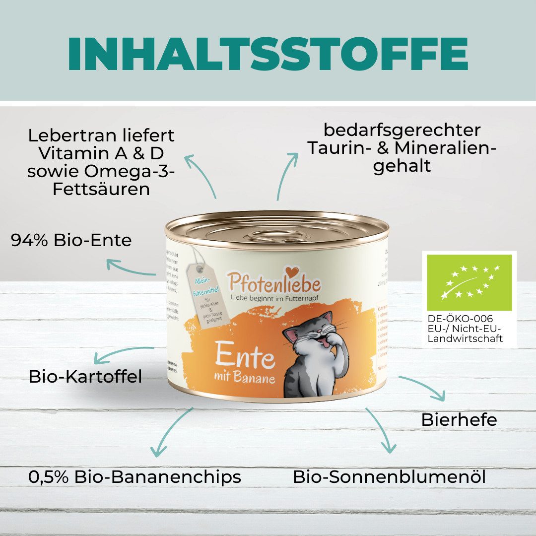Pfotenliebe Bio-Ente mit Banane - getreidefrei 6x100g, Nassfutter für: Katzen