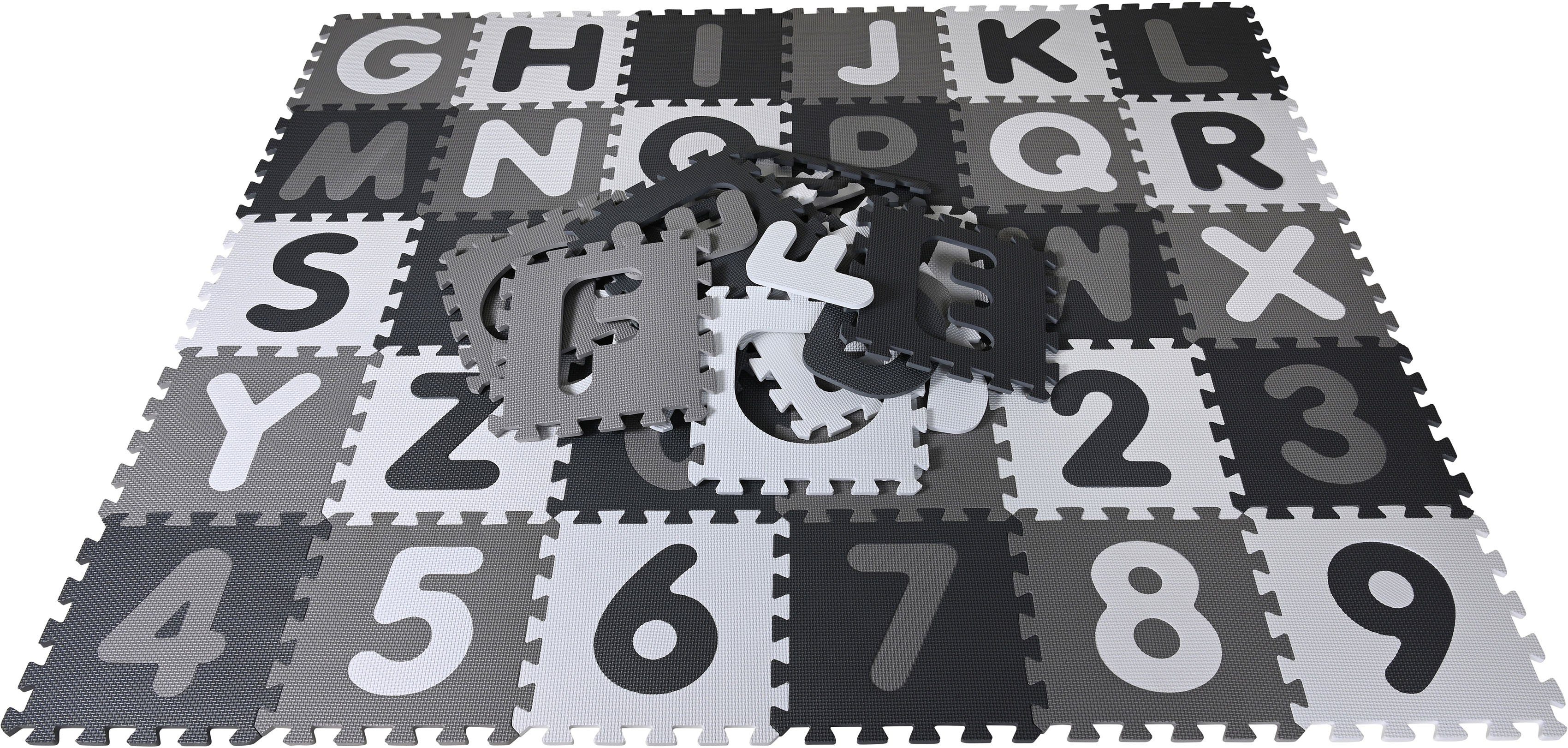 Knorrtoys® Puzzlematte, grau-weiß, + Puzzle Zahlen, Puzzleteile, Alphabet Bodenpuzzle