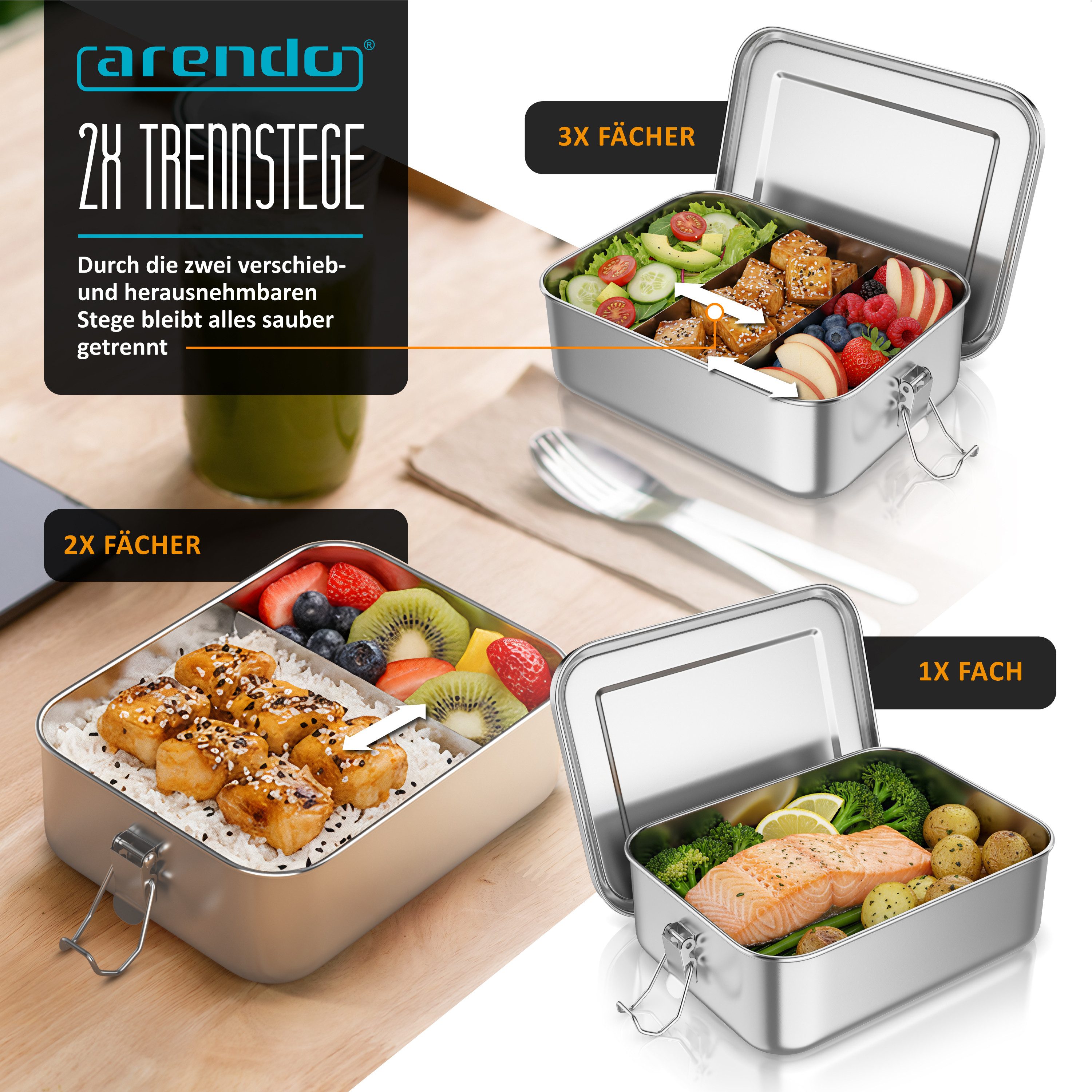 Arendo Lunchbox Edelstahl Brotdose 1200 ml mit Fächern, für Kinder und Erwachsene, Edelstahl, (1-tlg., 2 Trennstege, 2 Silikondichtungen), auslaufsicher, entnehmbare Trennstege, Dichtung, lebensmittelecht