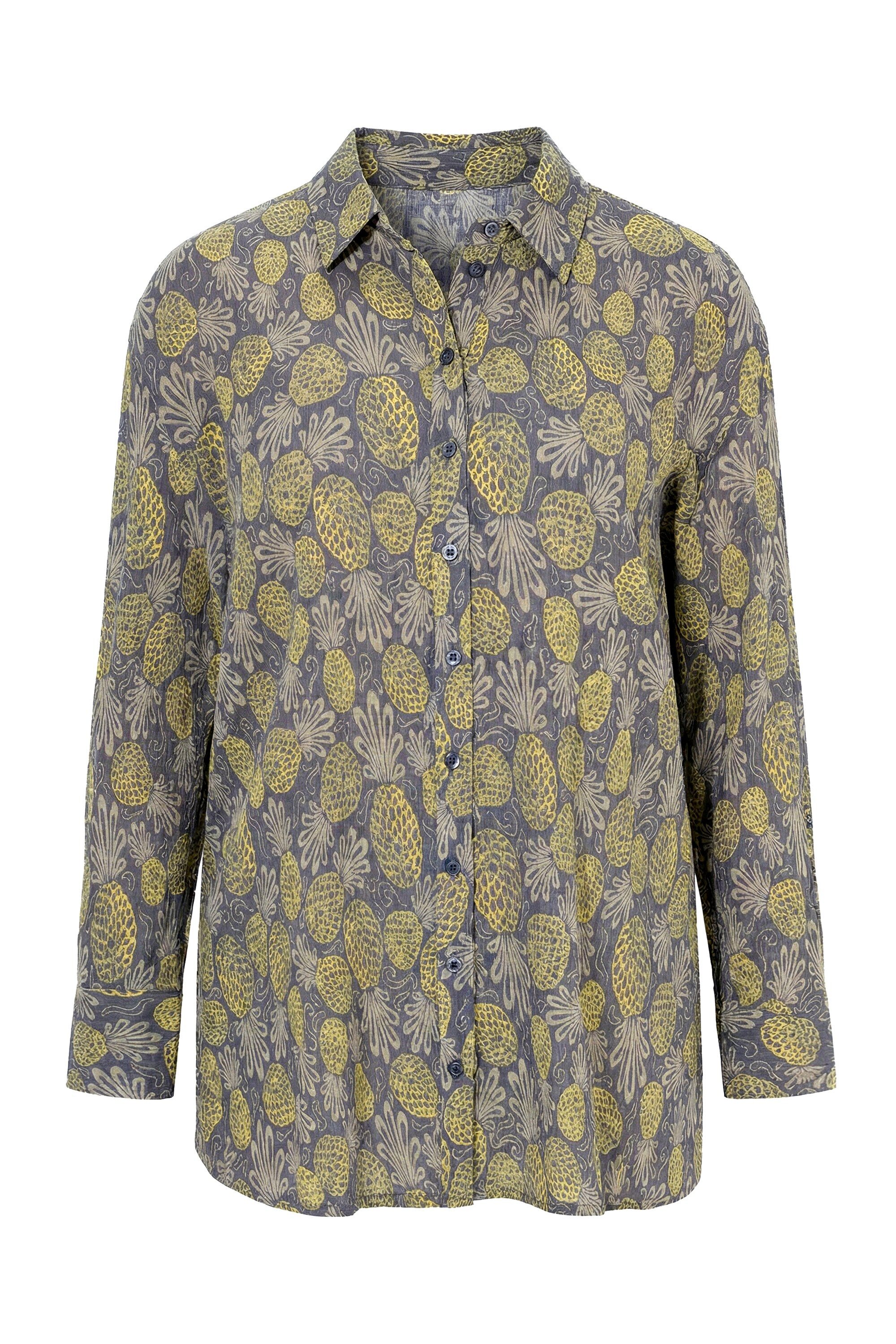 Ulla Popken Hemdbluse Hemdbluse Ananas Hemdkragen Langarm