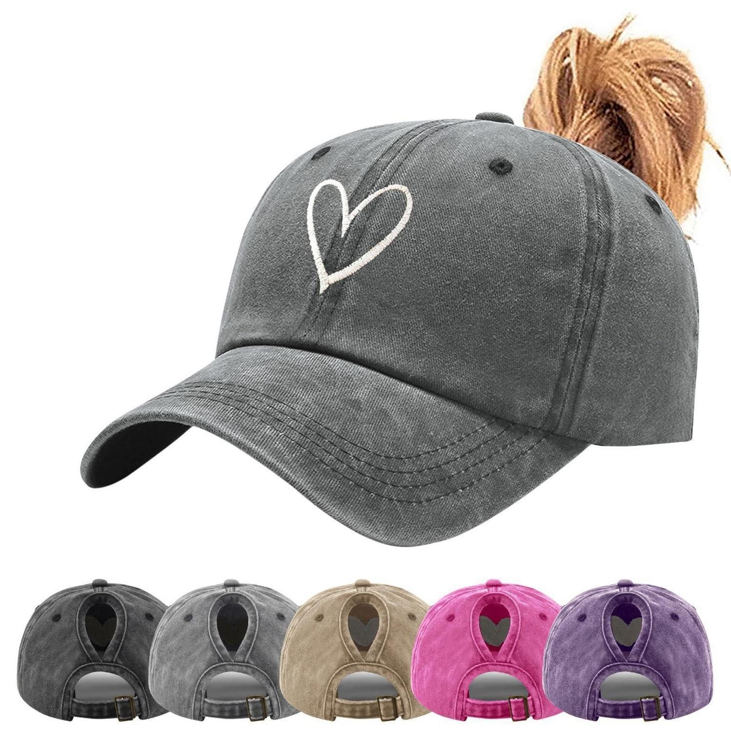 Baseball Cap Basecap Damen Pferdeschwanz Zopfloch Herz Stickmuster A_Grau