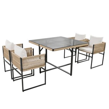 XDeer Garten-Essgruppe 5 tlg. Sitzgruppe mit 1 Esstisch, 4 stapelbaren Stühlen, Feines Seil, Eisen, Tischplatte aus 5mm starkem Sicherheitsglas