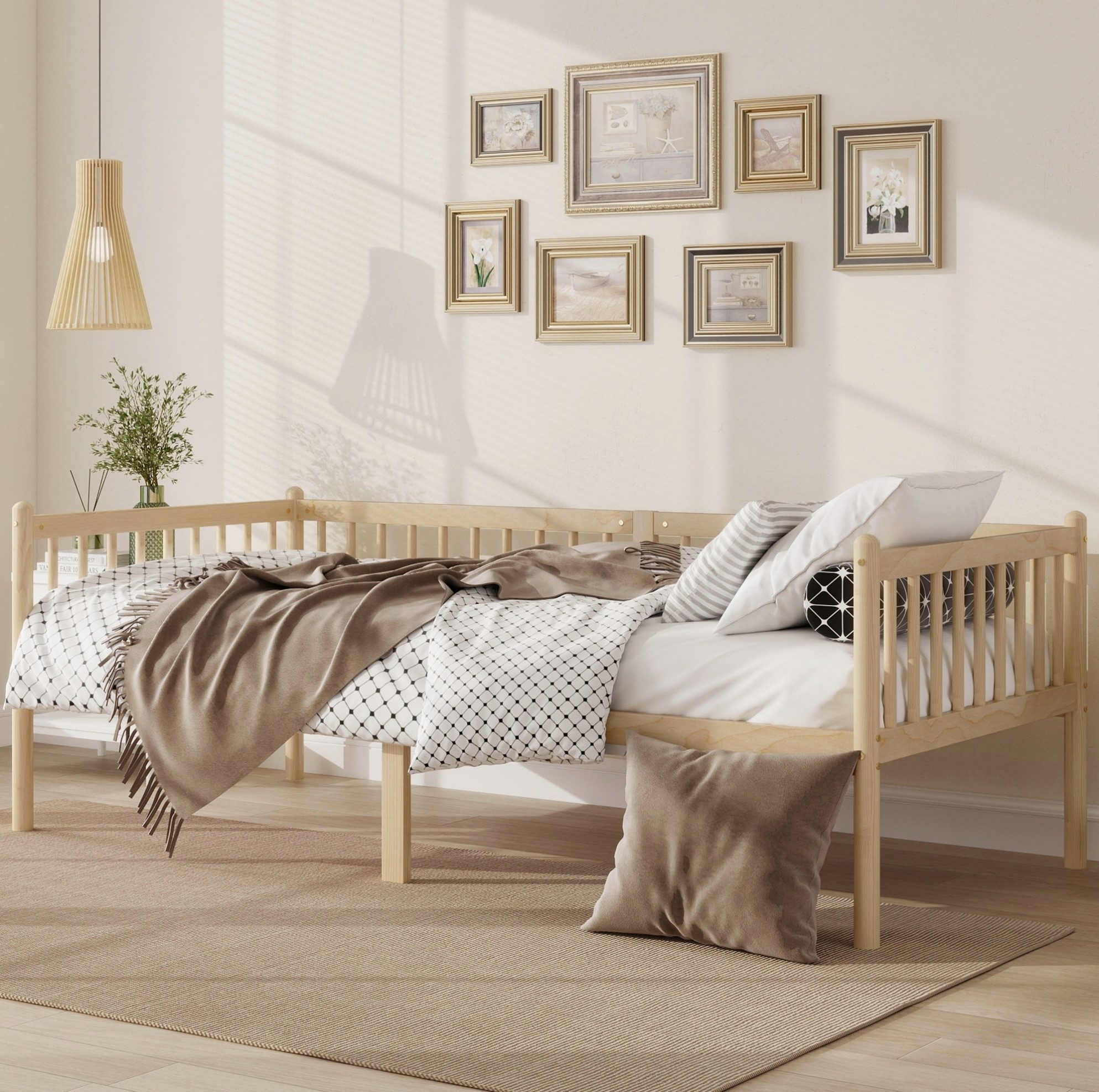 MODFU Kinderbett Kompaktes Tagesbett – 90×200 cm mit 3-seitigem Geländer (Packung, Natur, für Kinder & Jugendliche), Kiefernholz, 14 Tragleisten, mit Matratze