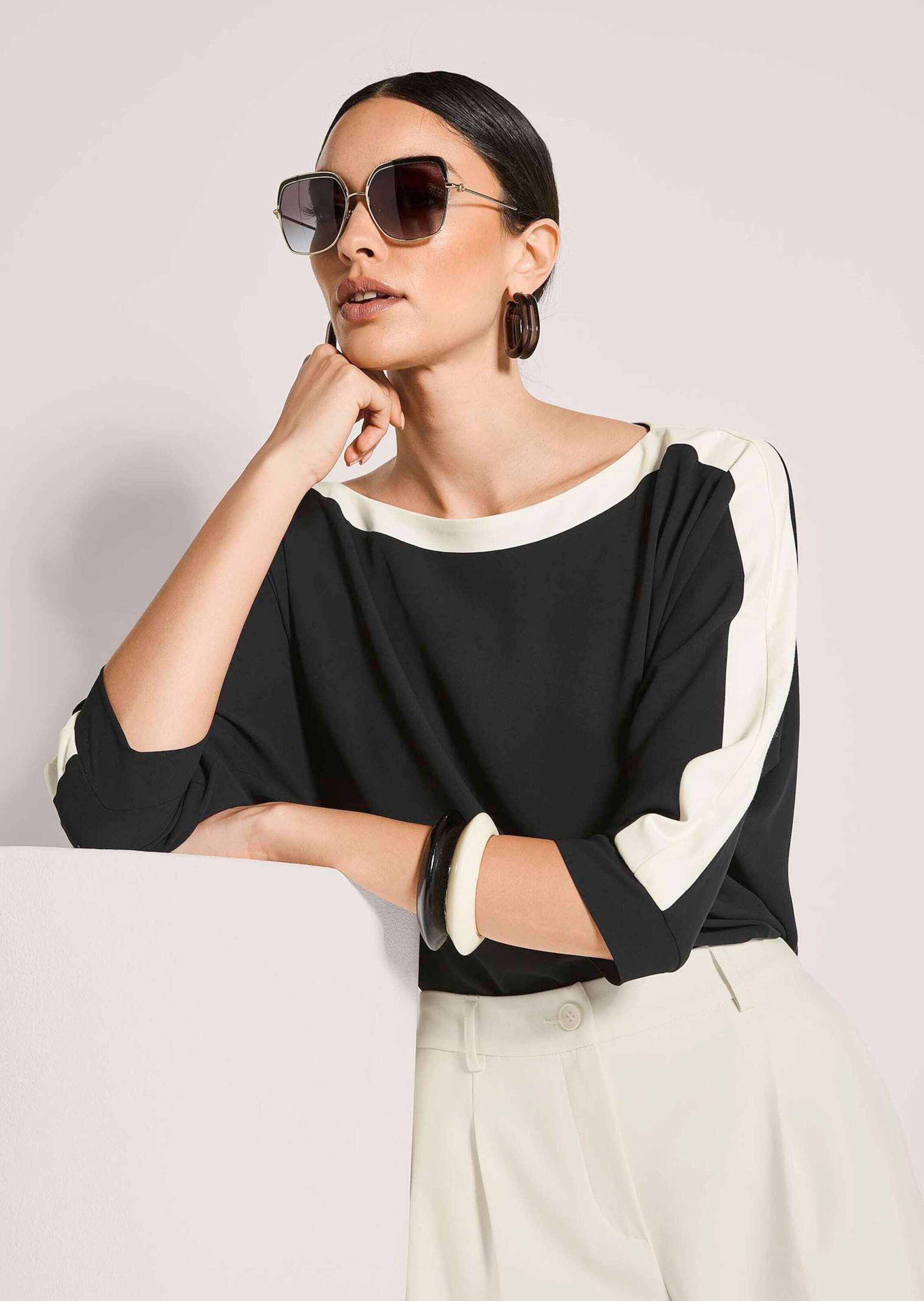MADELEINE Shirtbluse Businessbluse im Colour Blocking-Stil Sommerbluse mit U-Boot-Ausschnitt und 3/4-Arm