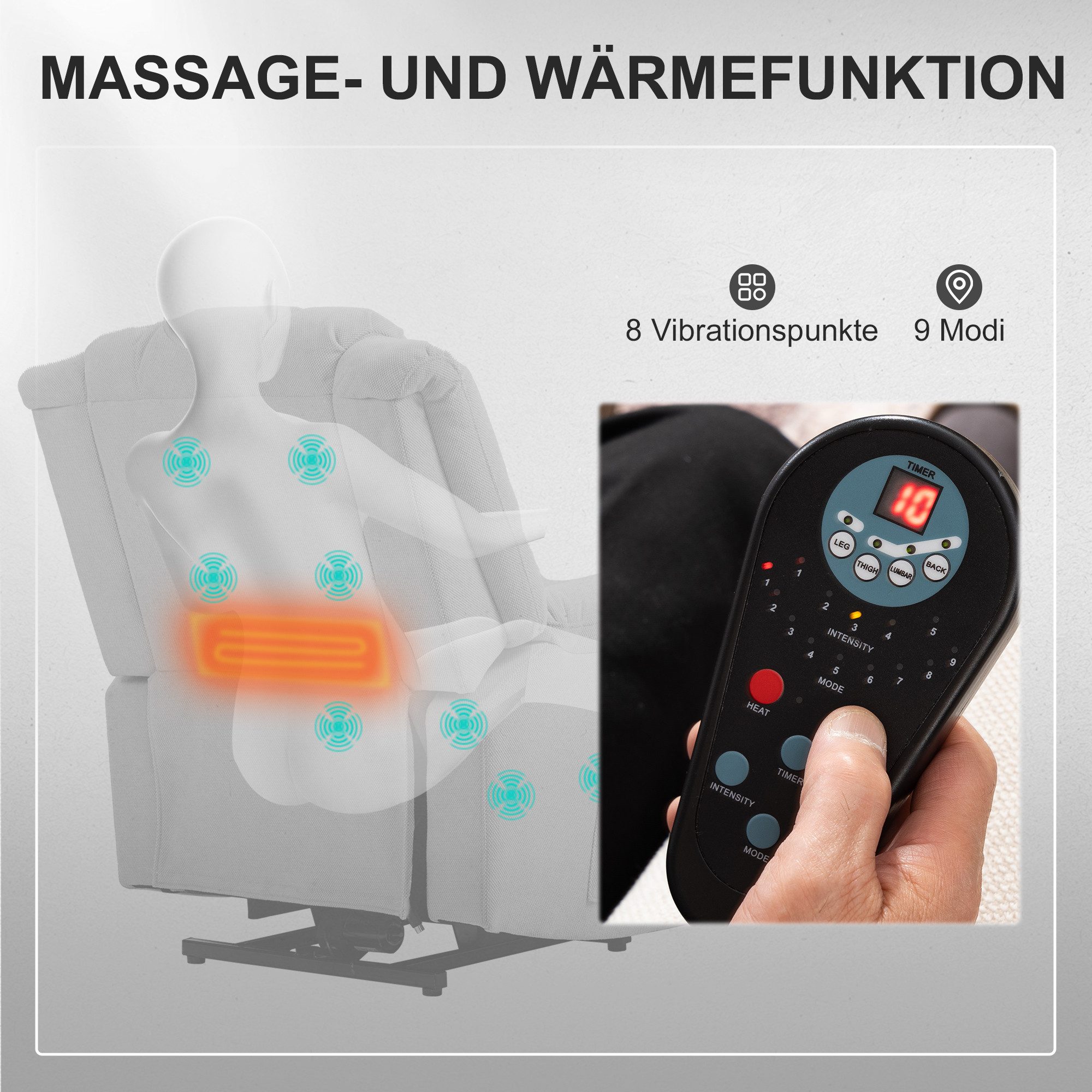 HOMCOM Relaxsessel Fernsehsessel mit Aufstehhilfe elektrisch mit Liegefunktion (Massagesessel, 1-St., TV Sessel), TV Sessel mit Fußteil, 2 Seitentaschen für Woh – Bild 5 von 5