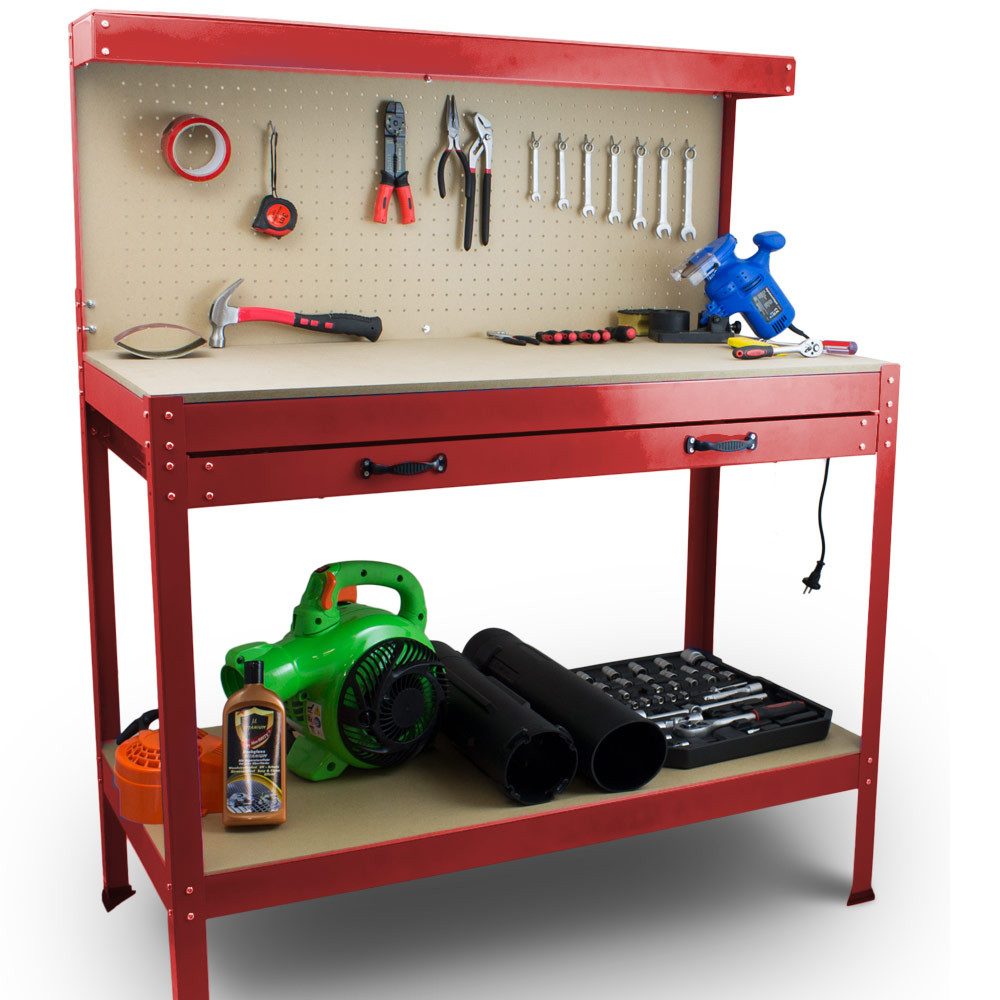 Bituxx Werkbank Werktisch mit Lochwand und Schublade - Rot