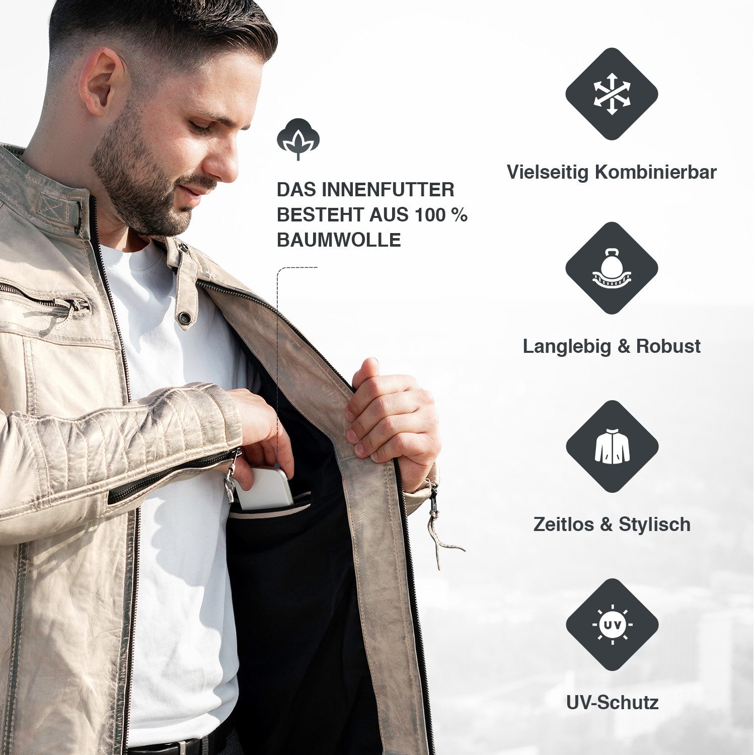 PAULGOS Lederjacke Herren Jacke Übergangsjacke Biker Look 100% Echtleder D1 – Bild 5 von 5