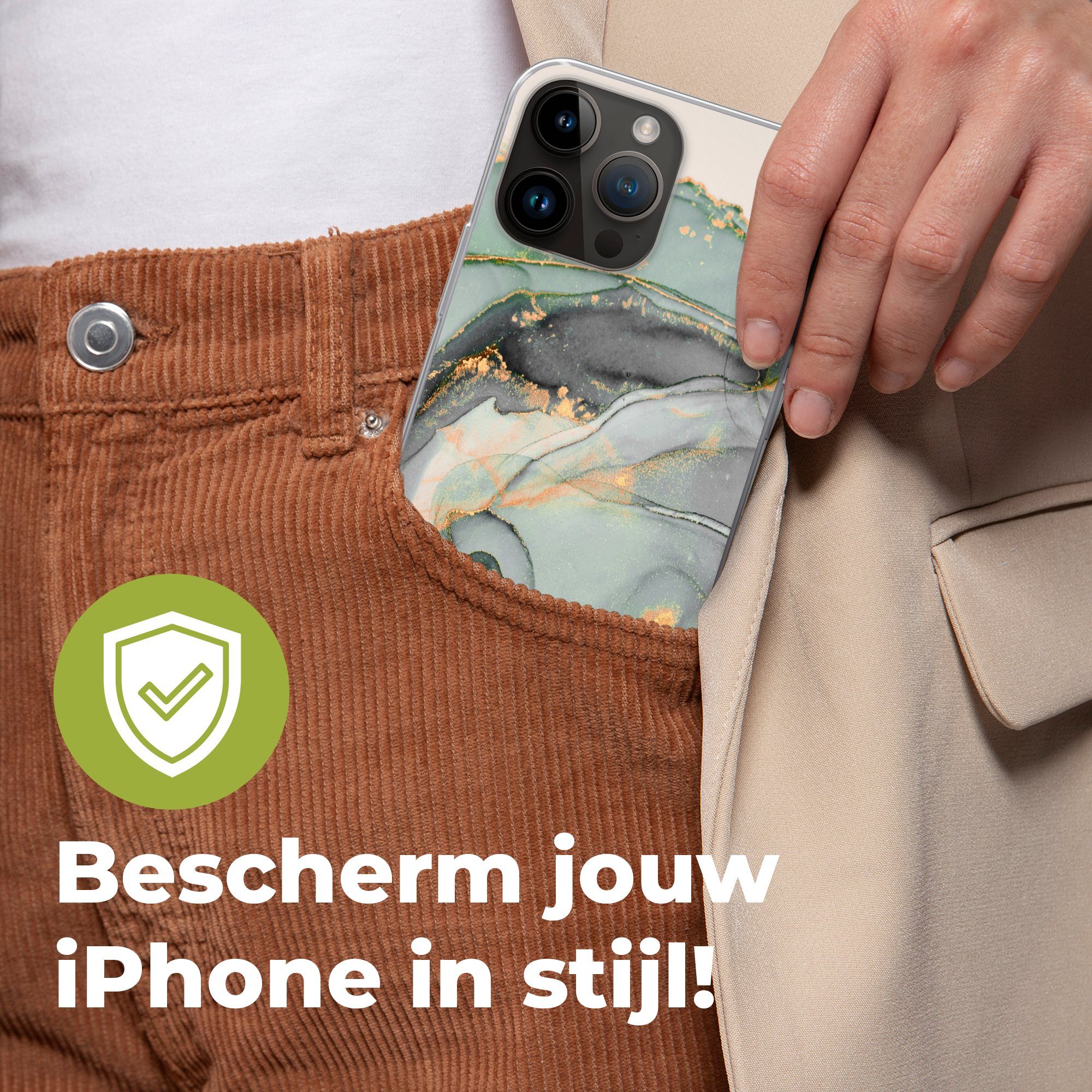 MuchoWow Handyhülle für Apple iPhone 14 Pro Max Gold - Marmor - Grün - Luxus - Glitzer - M, Smartphone-Bumper, Print, Handy Schutzhülle Dünn
