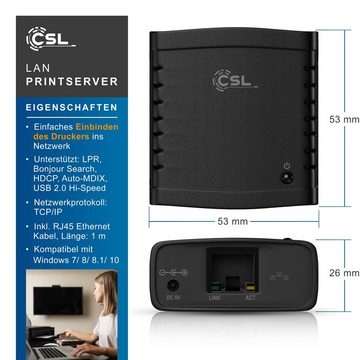 CSL USB-Adapter, Fast Ethernet USB Printserver mit Netzteil, PC & MAC, Windows 10 fähig
