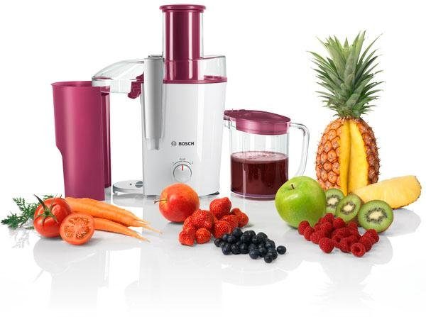 BOSCH Entsafter VitaJuice 2 MES25C0, XL-Einfüllschacht, Edelstahl-Microfilter-Sieb, 700 W, Ausgießer mit DripStop, spülmaschinengeeignet, weiß / cherry cassis