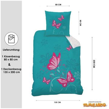 Jugendbettwäsche mit Schmetterling Motiv Butterfly 135x200 80x80 cm aus 100% Baumwolle, Familando, Renforcé, 2 teilig, mit weißer Wendeseite