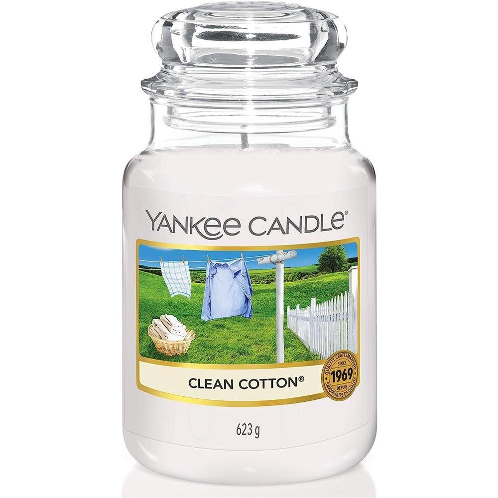 Yankee Candle Duftkerze Clean Cotton, im Glas, 623 g, Duft nach weißen Blüten und Zitrone