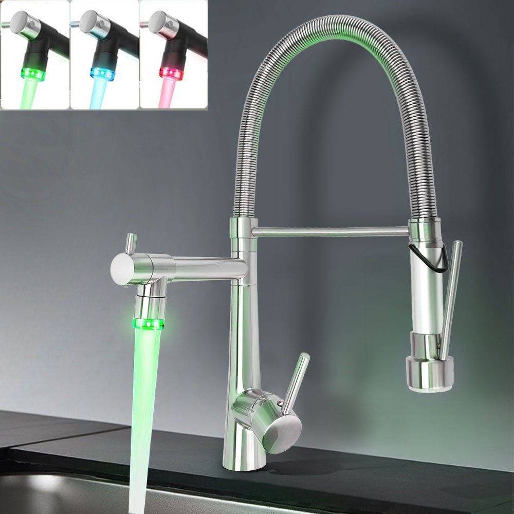 XERSEK Küchenarmatur Messing Hochdruckhahn Wasserhahn Küche mit Brause 360° schwenkbar (Gastro Armatur Mischbatterien Einhandmischer, Spültischarmatur Spiralfederarmatur Küchenarmatur) Silber (mit LED)