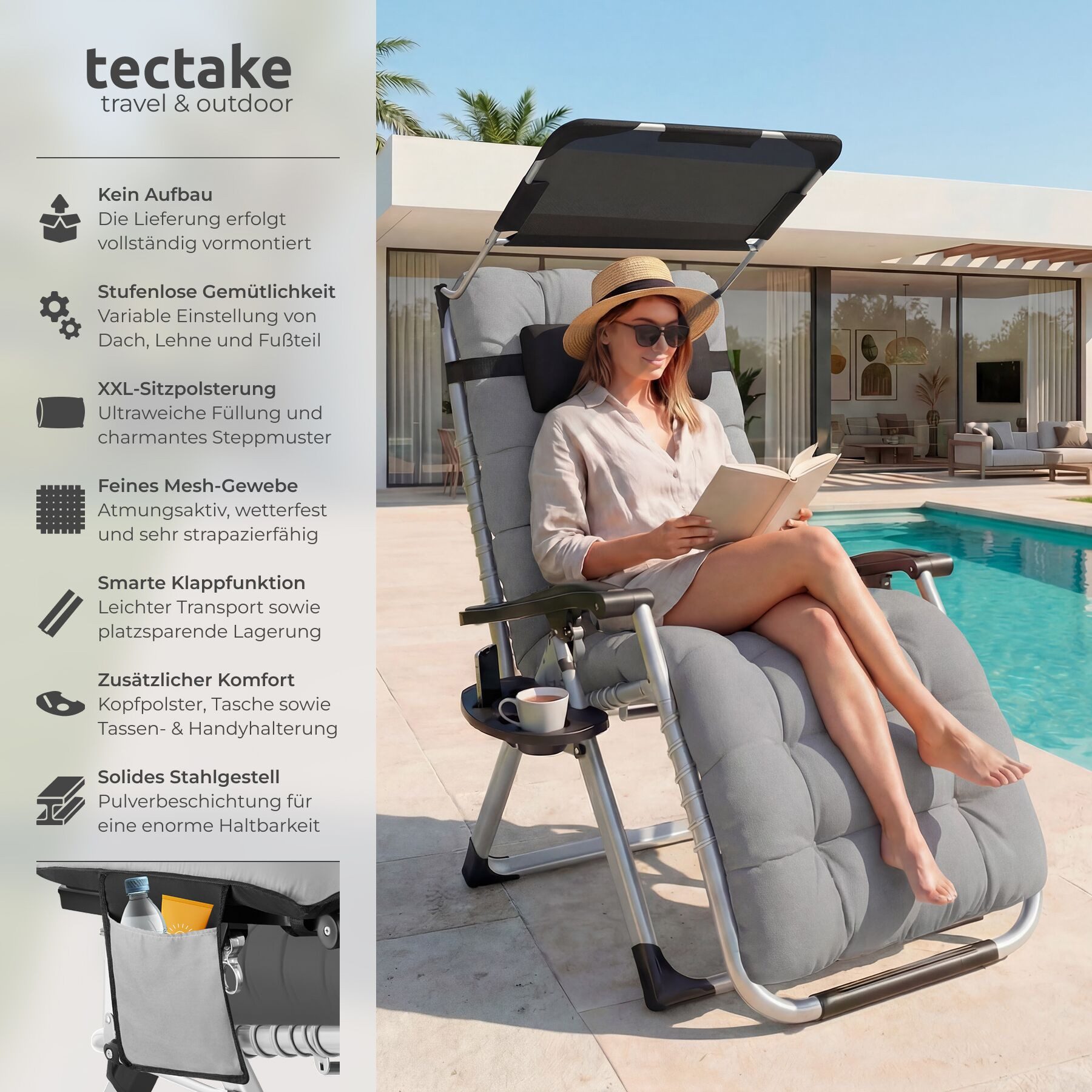 tectake Gartenstuhl Sonnenliege, klappbar, rutschfest, inkl. Ablagetisch un günstig online kaufen