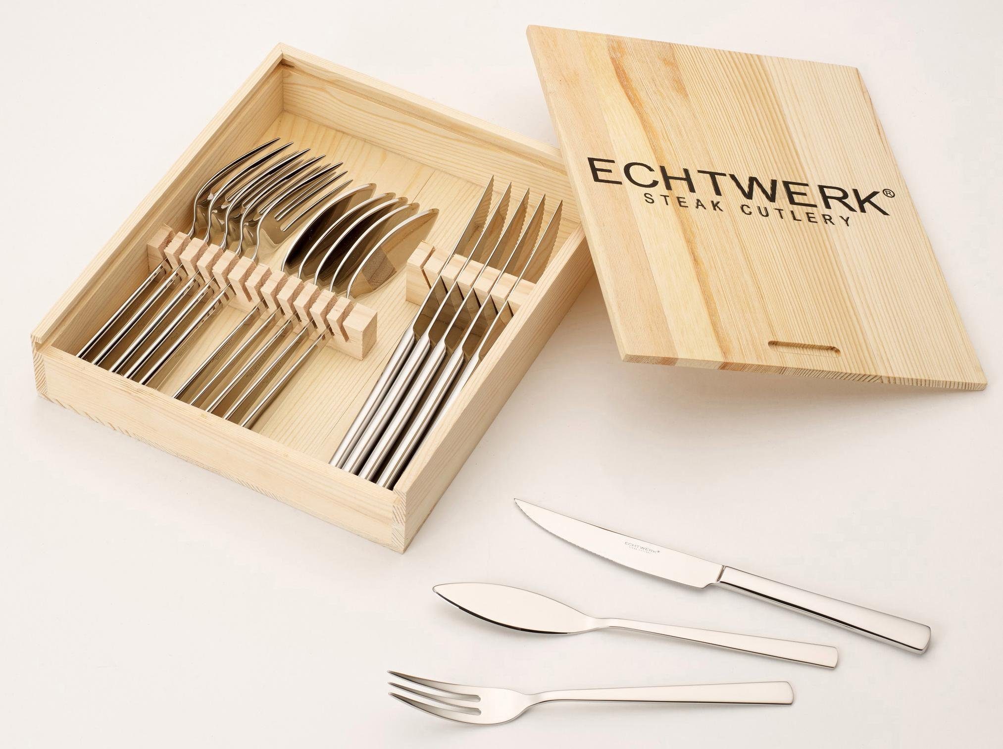 ECHTWERK Steakbesteck Sarre (18-tlg), 6 Personen, Edelstahl 18/10, Pizzabesteck, Grillbesteck, Holzkassette