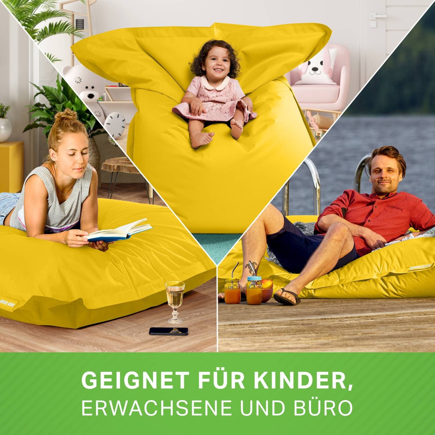 Green Bean Sitzsack XXL Outdoor Sitzsack Square 140x180cm (XXL Riesensitzsack 140x180cm 380 Liter Kinder & Erwachsene Bean Bag EPS Perlen Füllung, Groß Draußen Outdoor Liegekissen), Waschbar Wetterfest Lounge Sitzkissen Bodenkissen