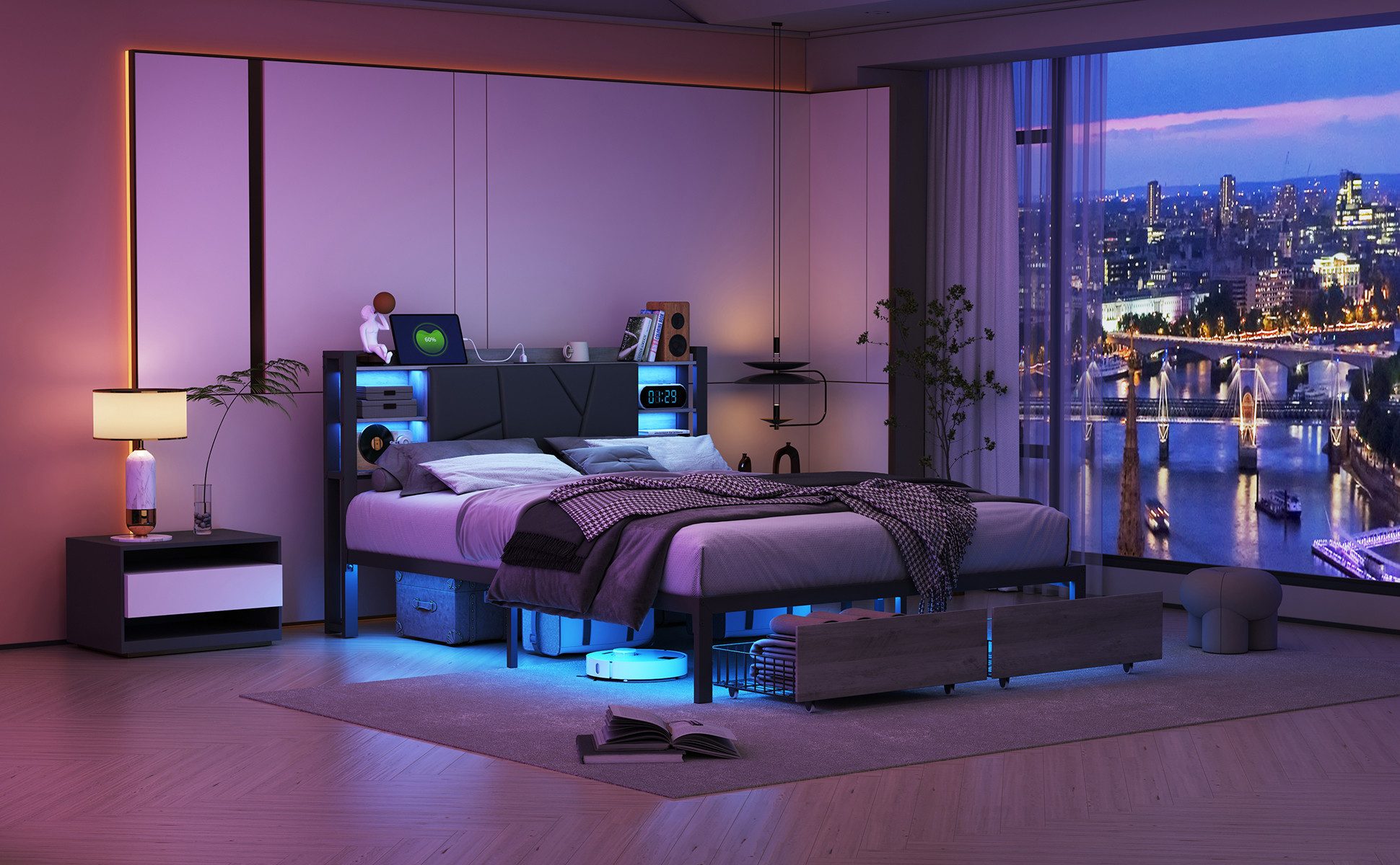FUROKOY Polsterbett Doppelbett,LED Metallbett Holzbett mit günstig online kaufen