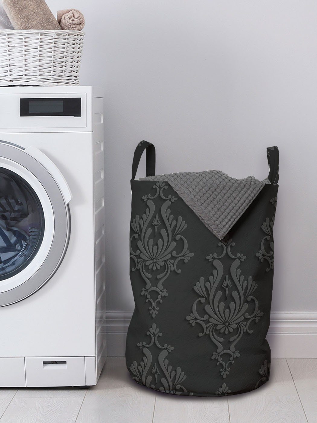 Griffen Wäschekorb Abakuhaus Kordelzugverschluss für mit Waschsalons, Damast-3D Dunkelgrau Antiker Wäschesäckchen