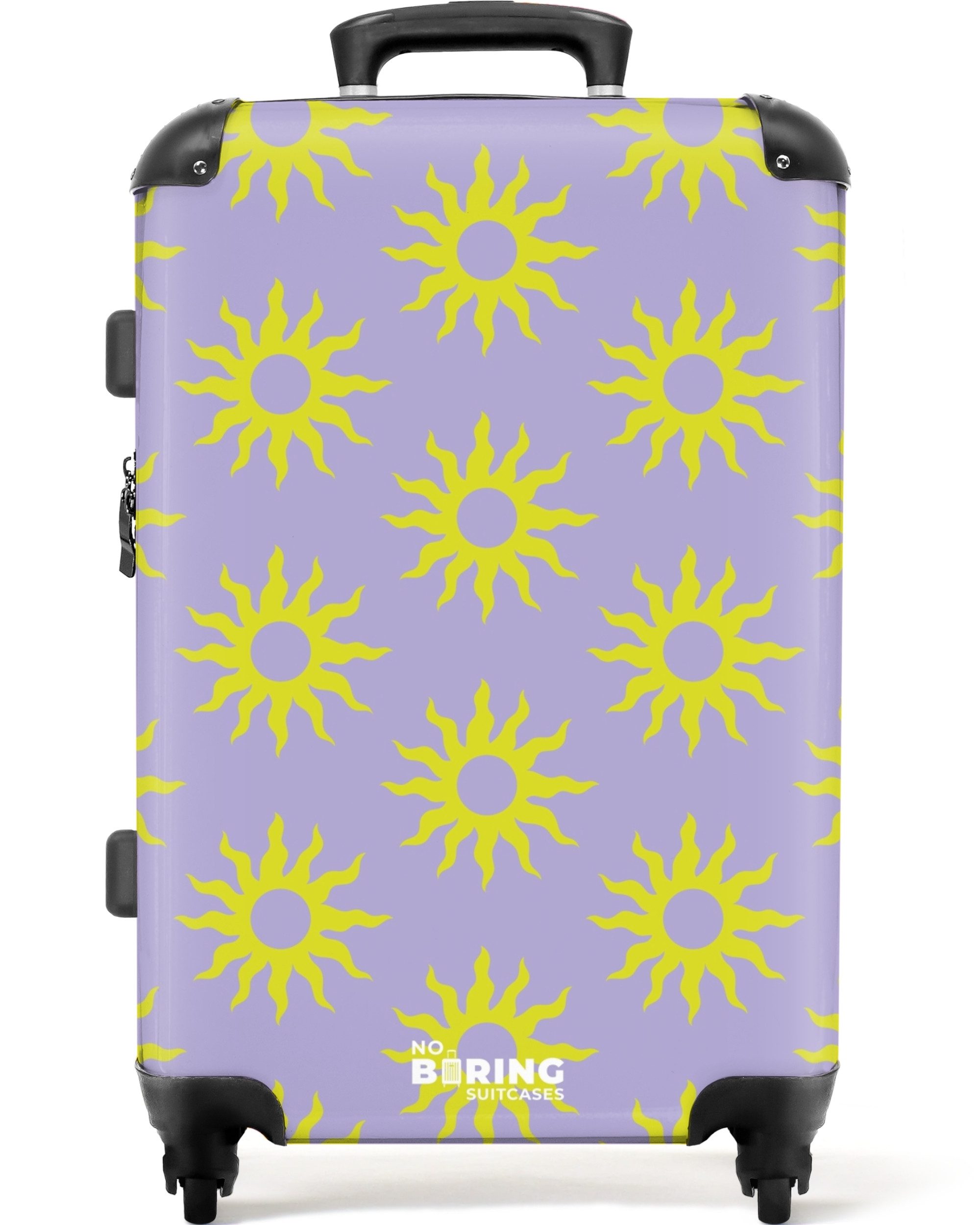 NoBoringSuitcases.com© Hartschalen-Trolley Lila mit gelben Sonnen günstig online kaufen