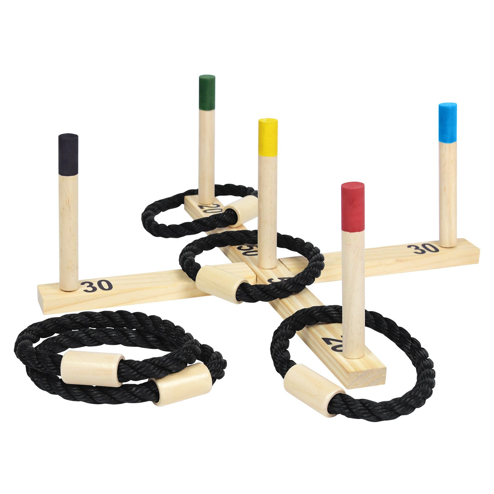 FIVMEN Spielturm-Spielzeugset Ringwurfspiel aus Holz Wurfspiel Set, (Indoor und Outdoor Spielspaß, Ring Wurfspiel Familienspiel, 10-tlg., mit 5 Wurfringe und 5 Spielstäben)