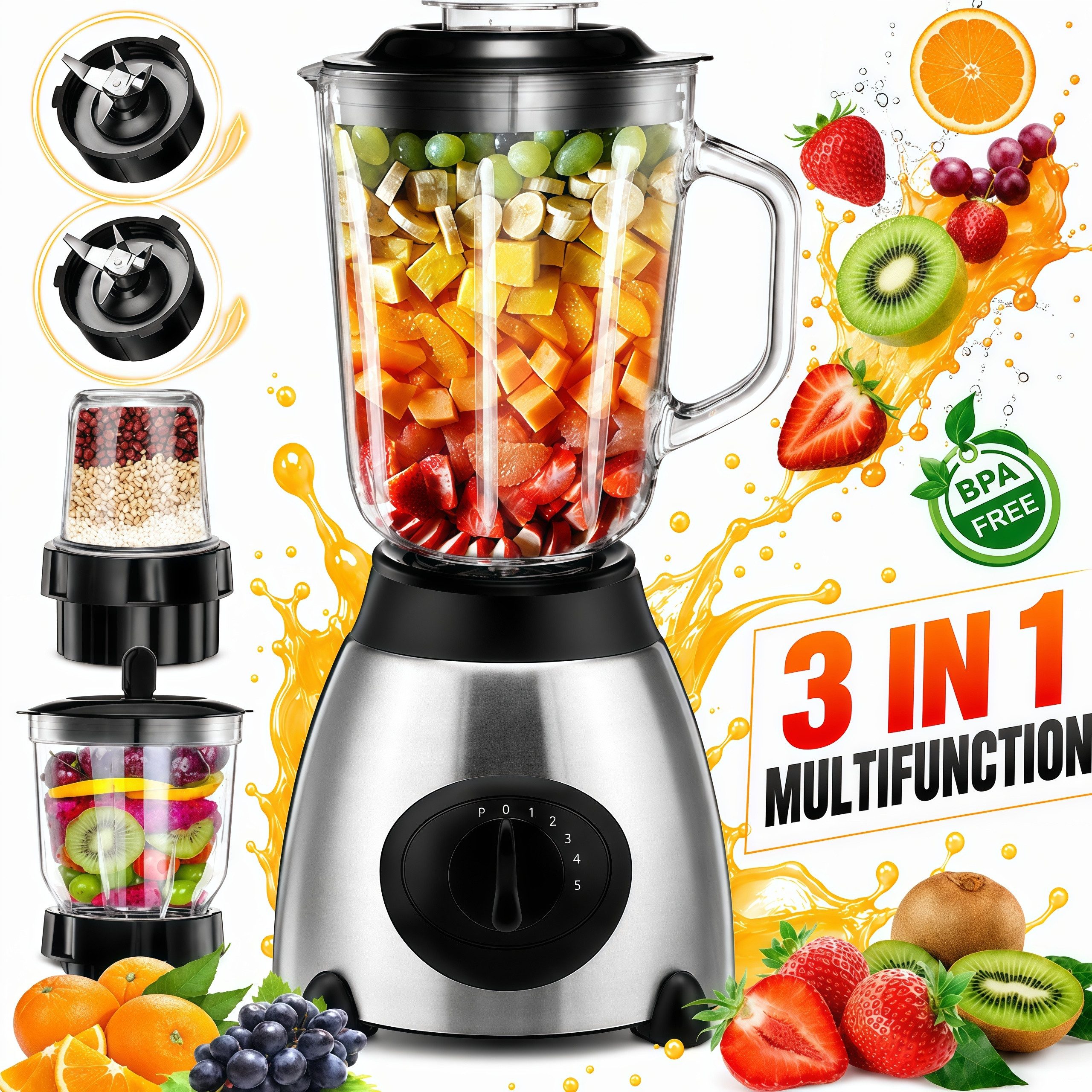 Forrlite Standmixer 2026 Neu Standmixer,Mixer VitaBoost,Edelstahl Silber Glas Smoothie, 2000 W, Maker,Milchshaker Blender 1,5 L,Eiscrusher,6-Klingen für Ice Püree