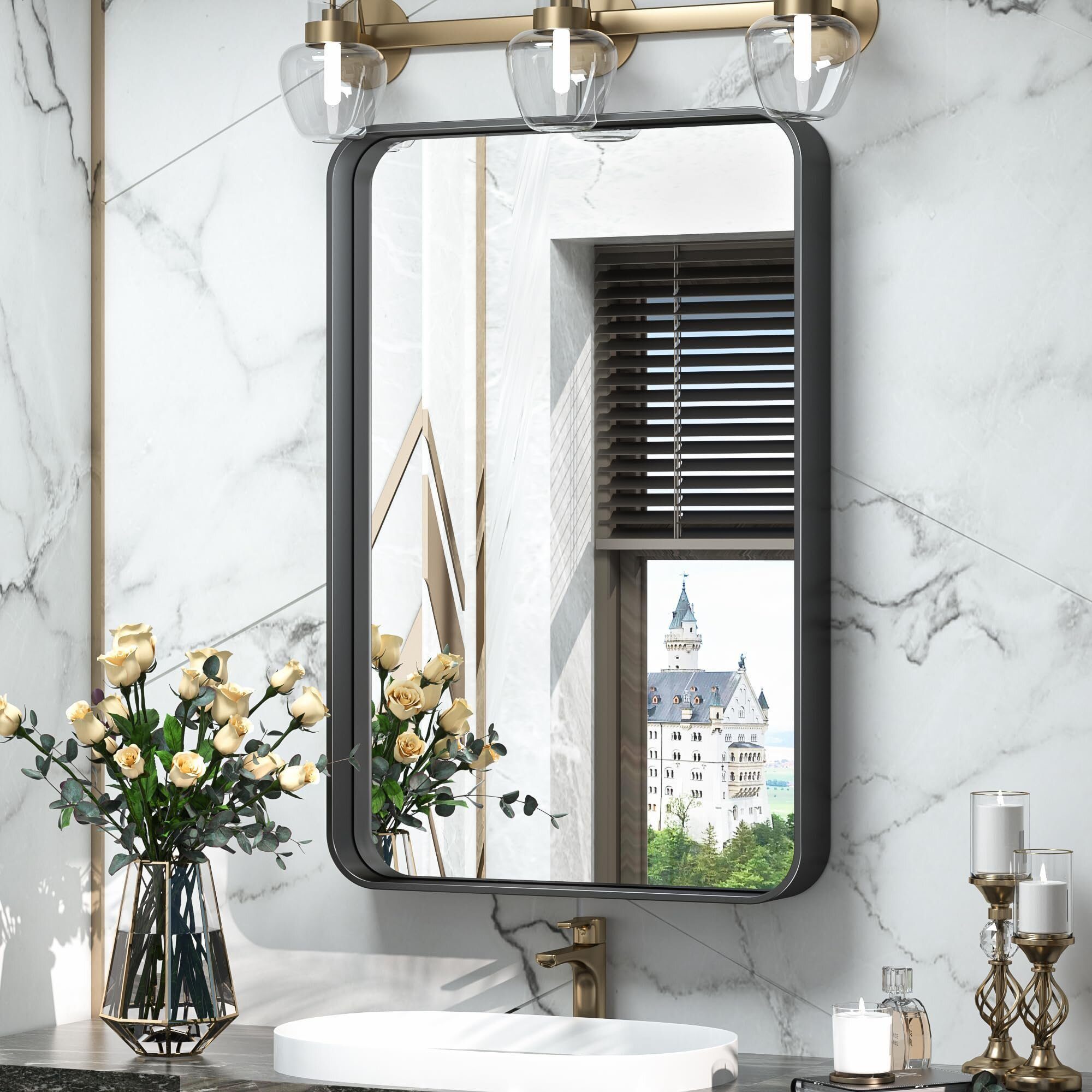 HT Kosmetikspiegel, Quadratischer Badspiegel 50x70 cm mit Aluminiumlegierungsrahmen