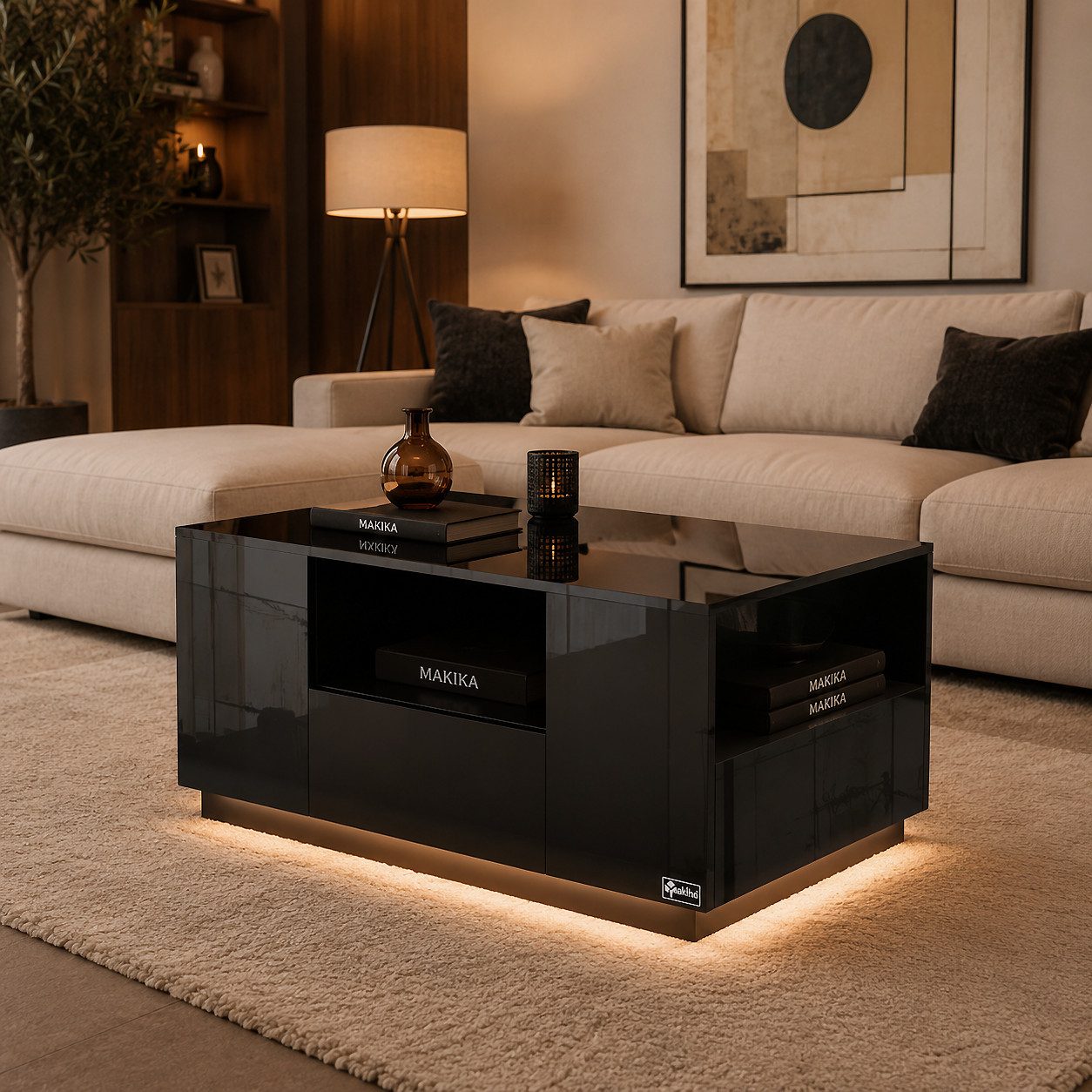 Makika Ablagetisch Design Couchtisch LED mit Schubladen - Schwarz Hochglanz