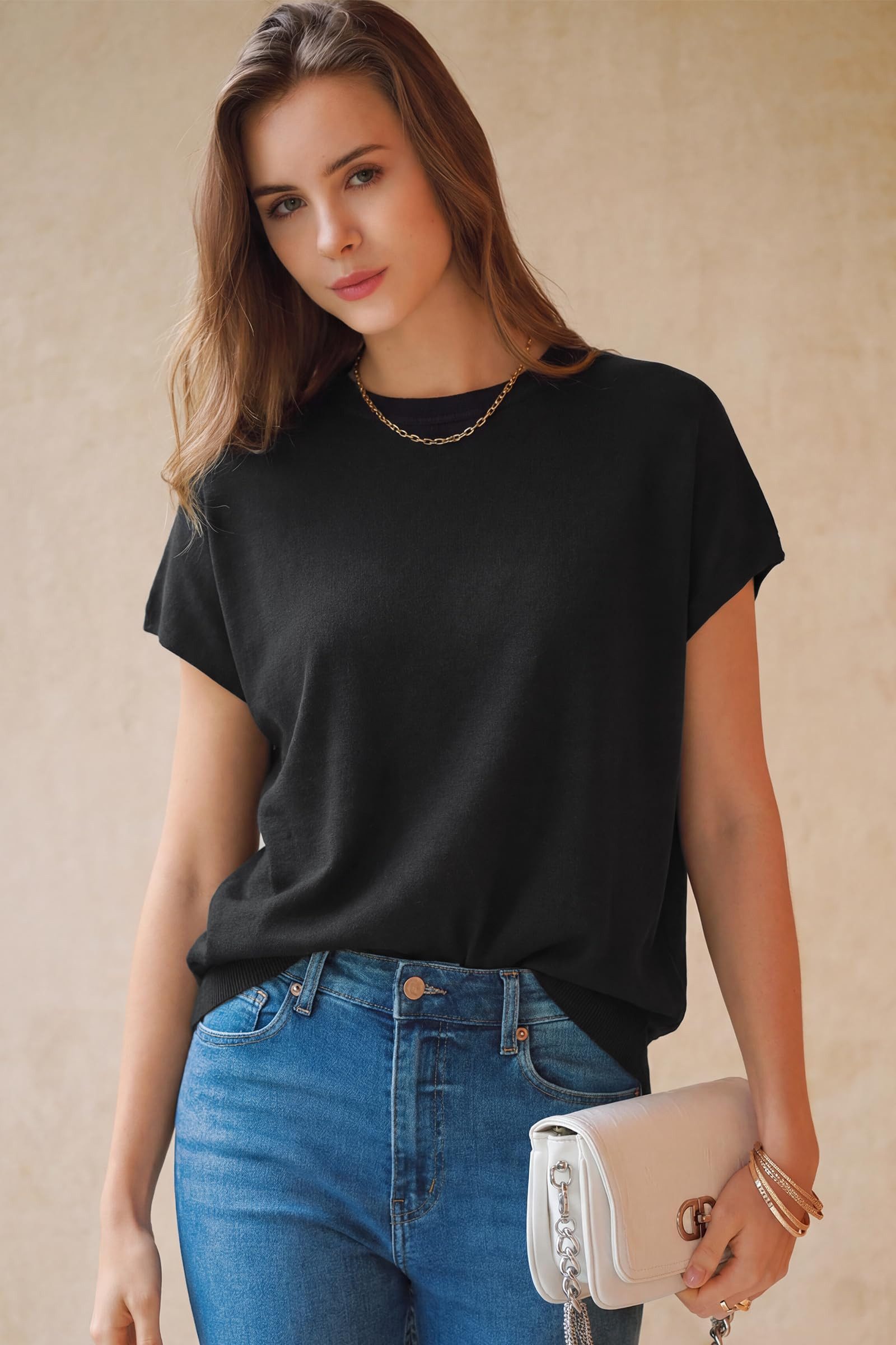 Arach&Cloz Kurzarmshirt Damen Leichter Kaschmir Pullover – Oversized Fit (1-tlg) Weich & Warm für Alltag & Freizeit