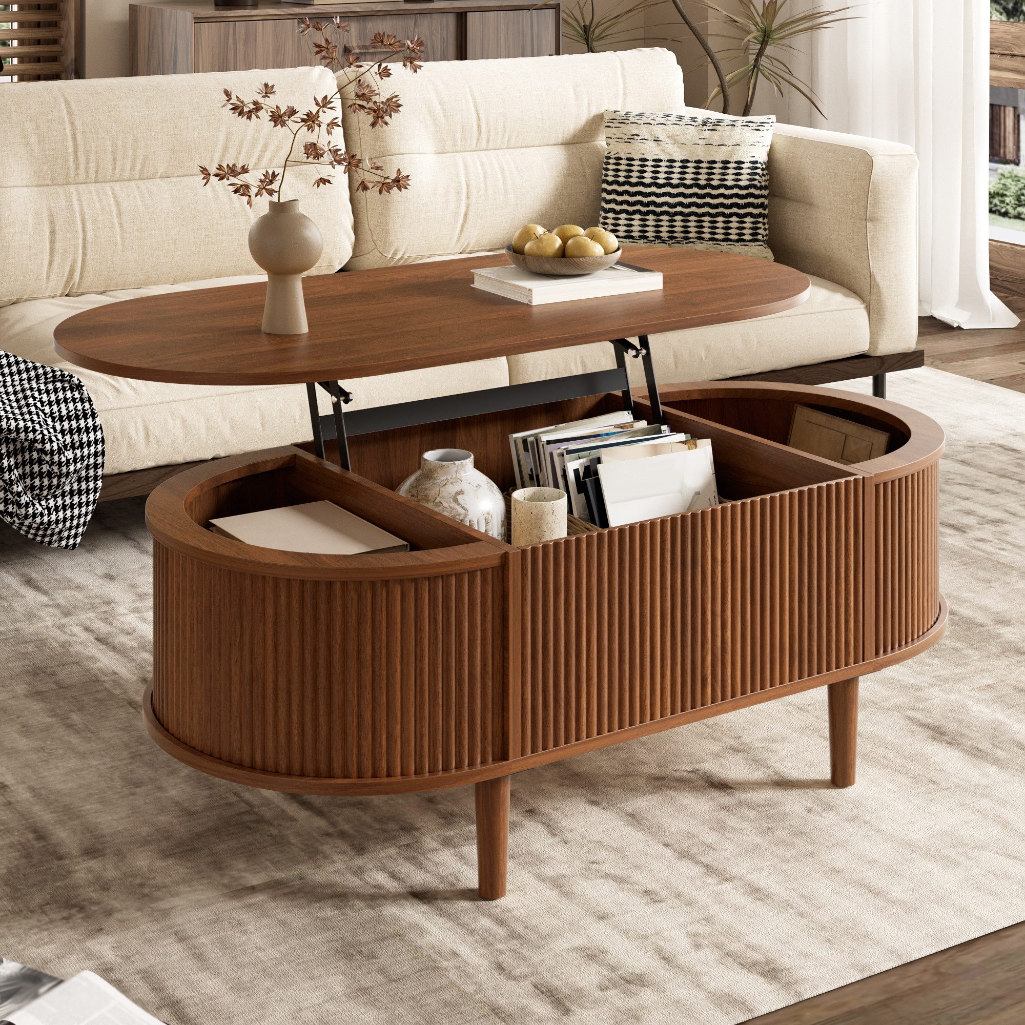 Merax Couchtisch anhebbarer Sofatisch oval Beistelltisch mit Liftfunktion & Holzoptik (100 x 48 x 54,5 cm, 1-St), Wohnzimmertisch mit verstecktem Stauraum, 3 Ablagefächern & Holzbeinen