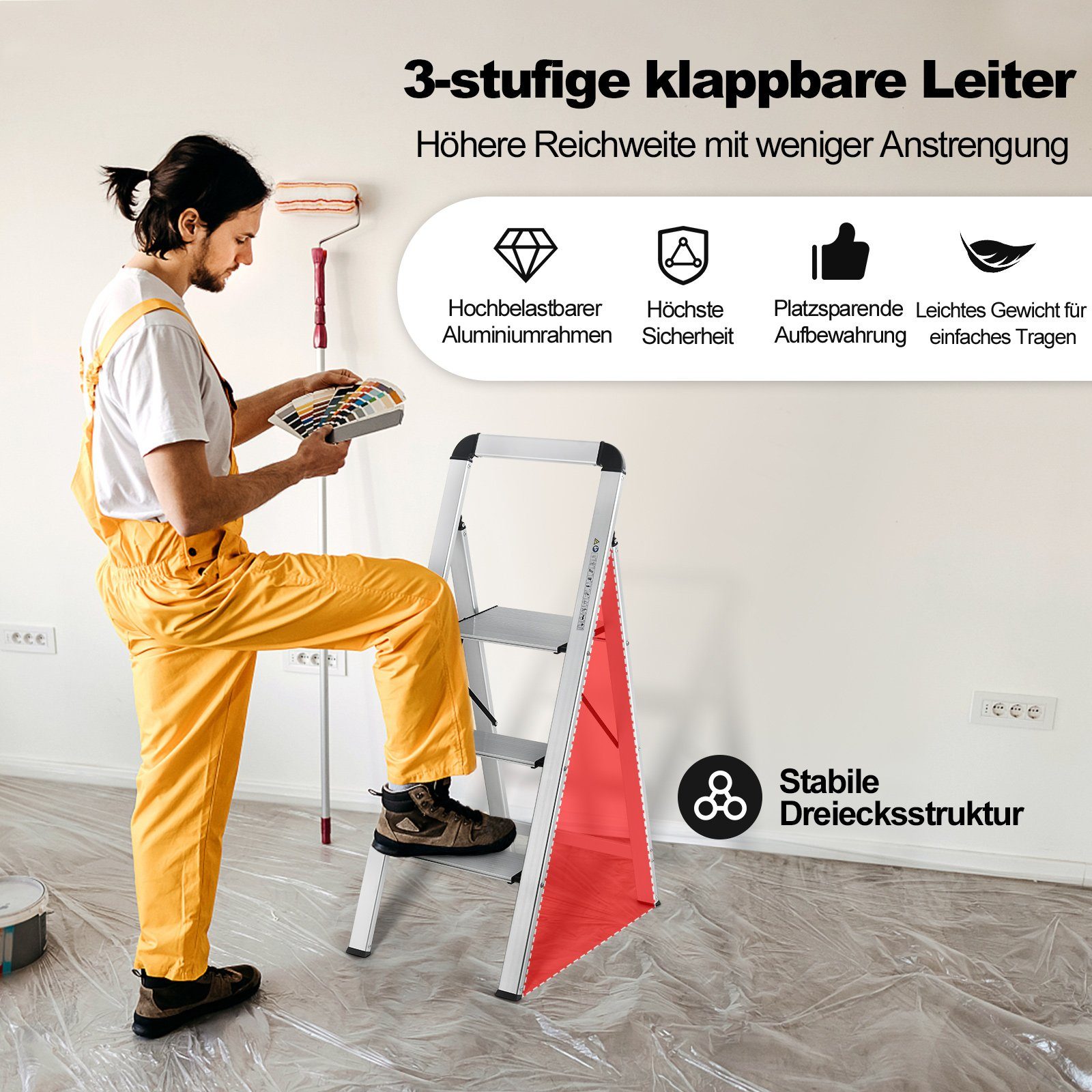 COSTWAY Trittleiter, 3 Stufen bis 150 kg, klappbar rutschfest, aus Aluminium