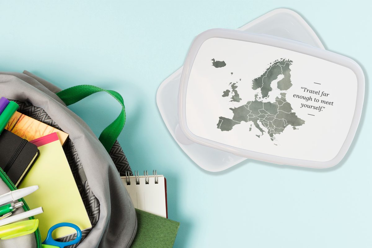 MuchoWow Lunchbox Karte Europa - Erwachsene, Kinder und (2-tlg), - Zitate für Mädchen Grau, und Brotdose, Kunststoff, weiß Brotbox für Jungs