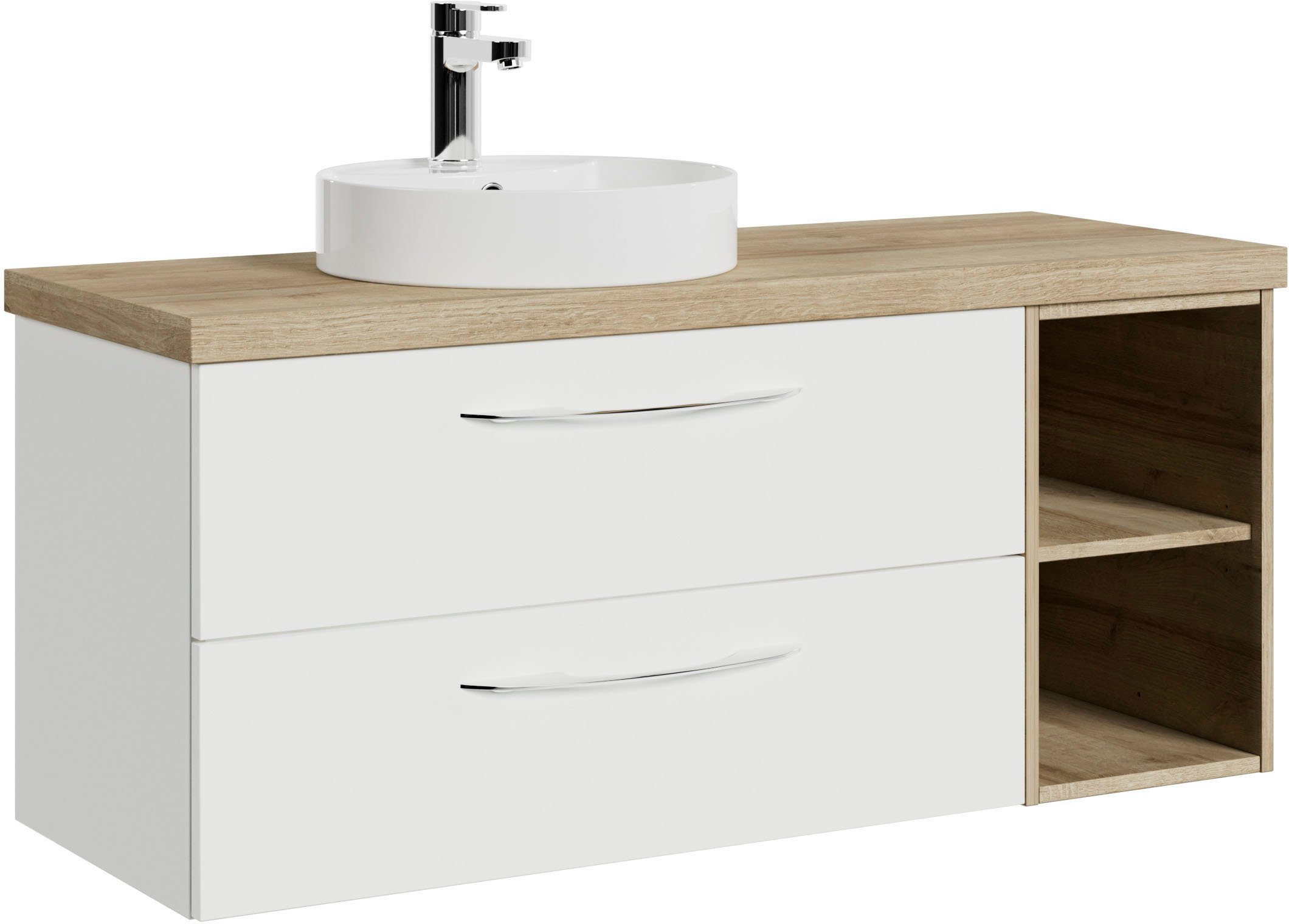 Saphir Waschtisch Serie 4035 Keramik-Aufsatzbecken mit Unterschrank, 118 cm breit, Waschplatz mit 2 Schubladen, Riviera Eiche quer Nachbildung