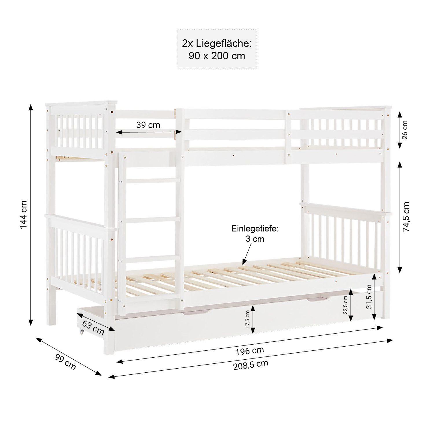 Homestyle4u Etagenbett 90x200 für 2 Kinder Weiß Doppelstockbett Leiter Hoch günstig online kaufen