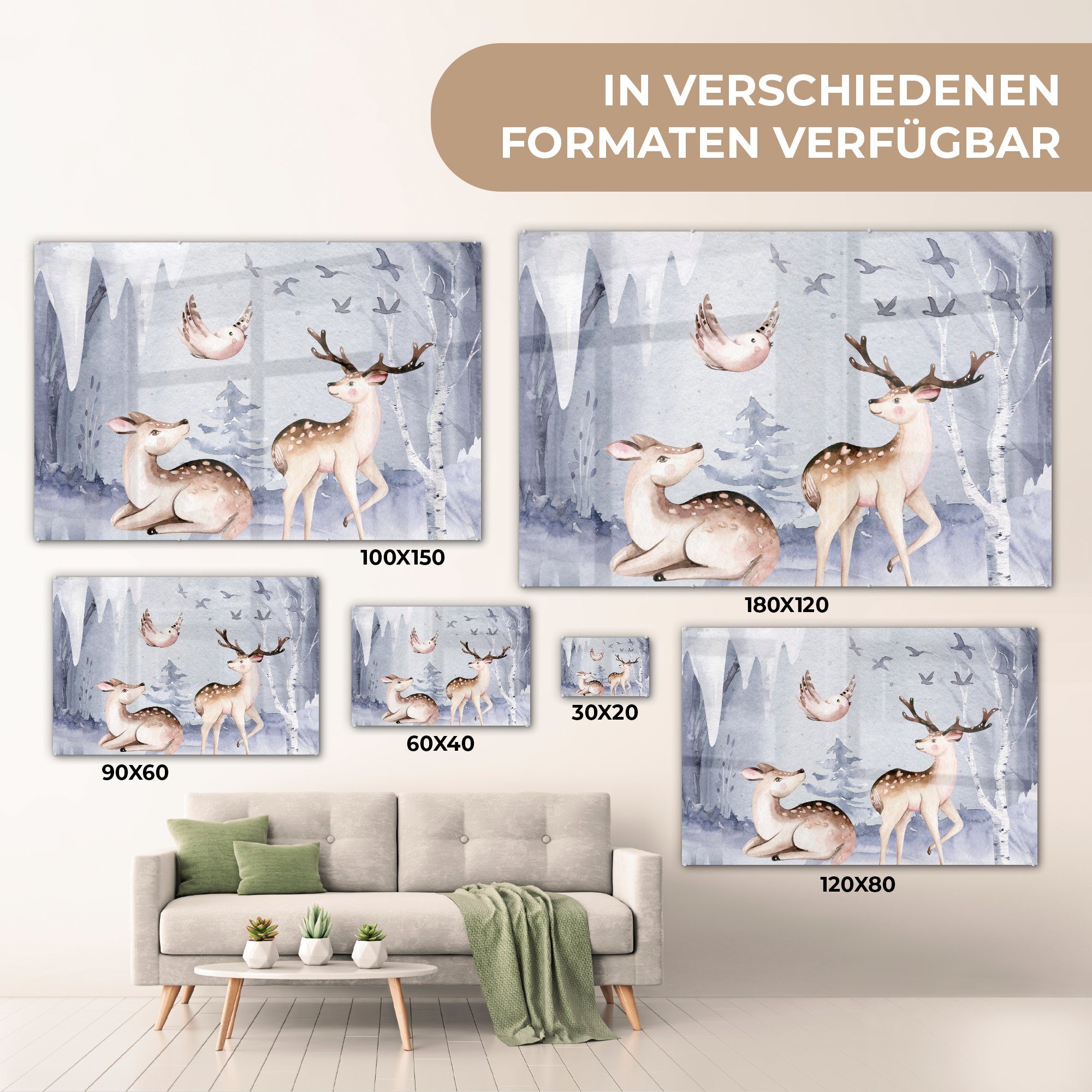 Schnee, St), Wohnzimmer - MuchoWow Schlafzimmer Vögel Hirsche Winter Acrylglasbilder - Acrylglasbild & - (1