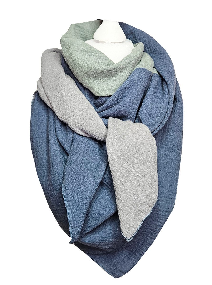 Modetuch SAISON Musselintuch Jeansblau-Hellgrau-Salbei quadratisch Mehrfarbig