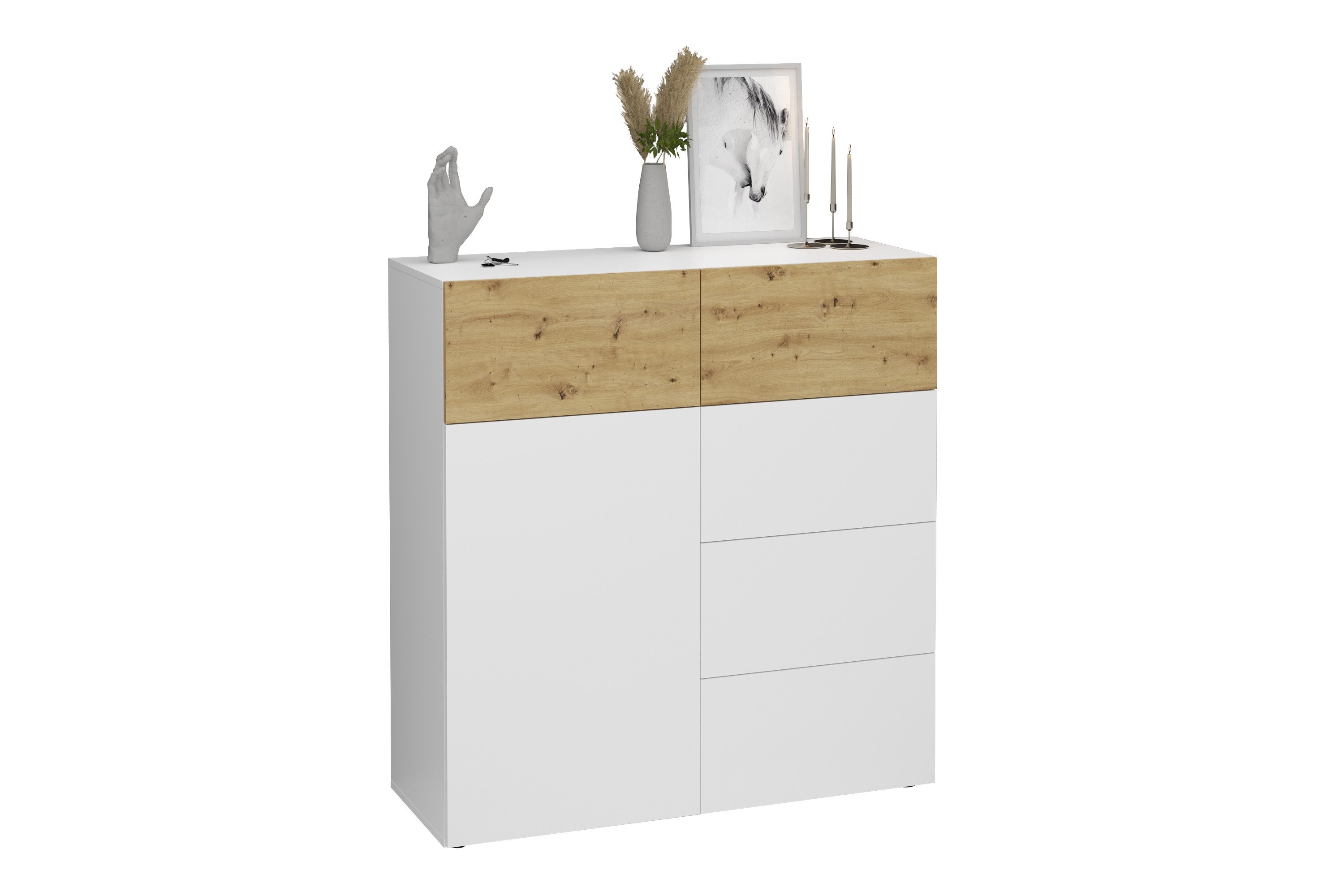 FMD Möbel Kommode in Brillantweiß-Artisan Eiche - 109x115x42cm (BxHxT)