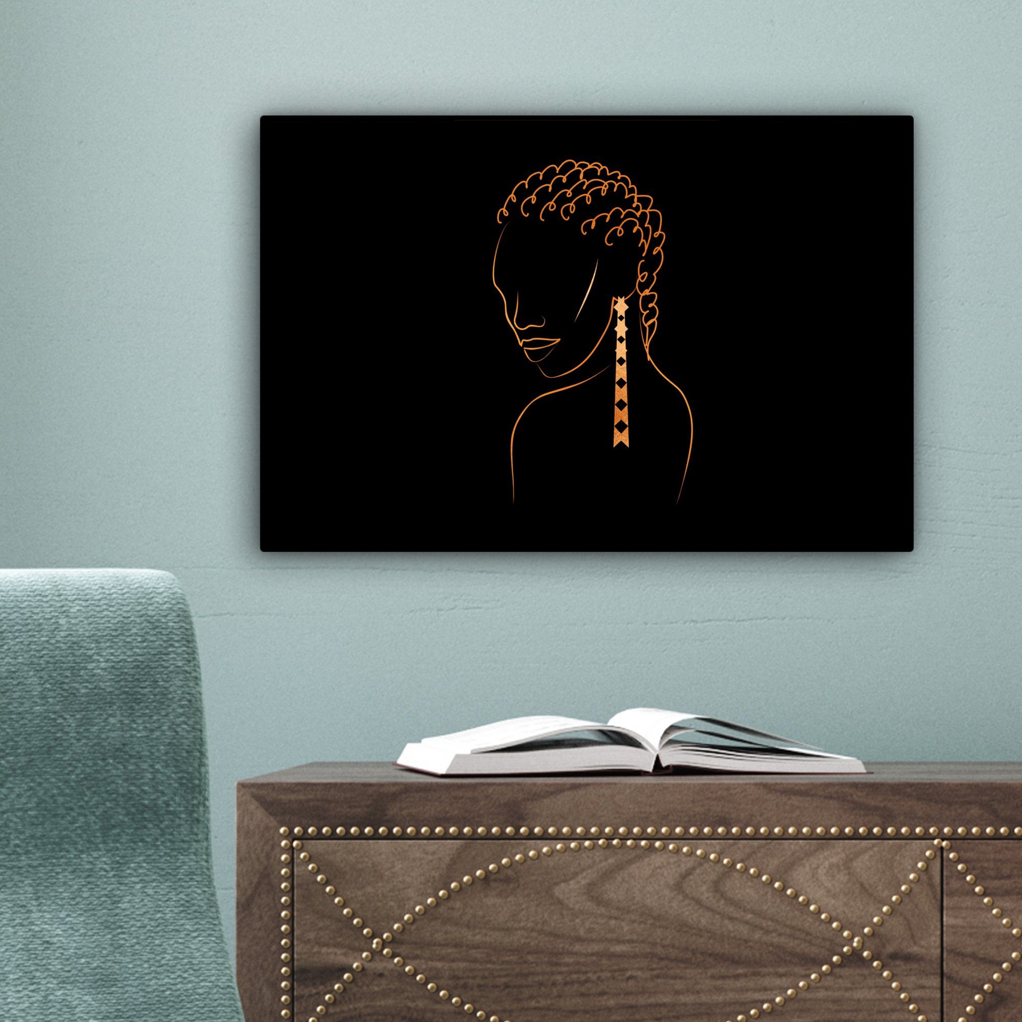 OneMillionCanvasses® Leinwandbild Frau - Linienkunst Leinwandbilder, (1 Gold, Aufhängefertig, - Wanddeko, - Wandbild St), 30x20 cm Ohrringe