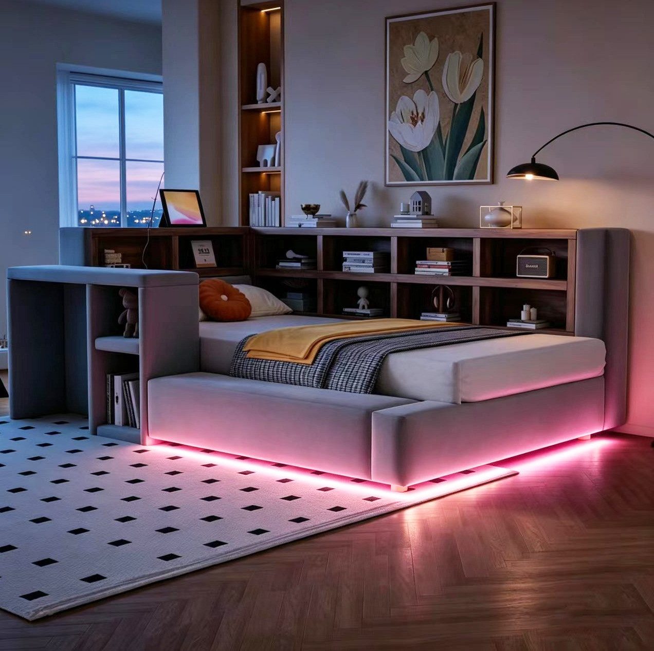 MODFU Polsterbett Daybett mit Kopfteil-Stauraum und Beleuchtung 90x200 cm (Stauraumbett mit LED-Funktion, Steckdosen, Ablageflächen und komfortabler Rückenlehne, Tagesbett Funktionsbett), ohne Matratze