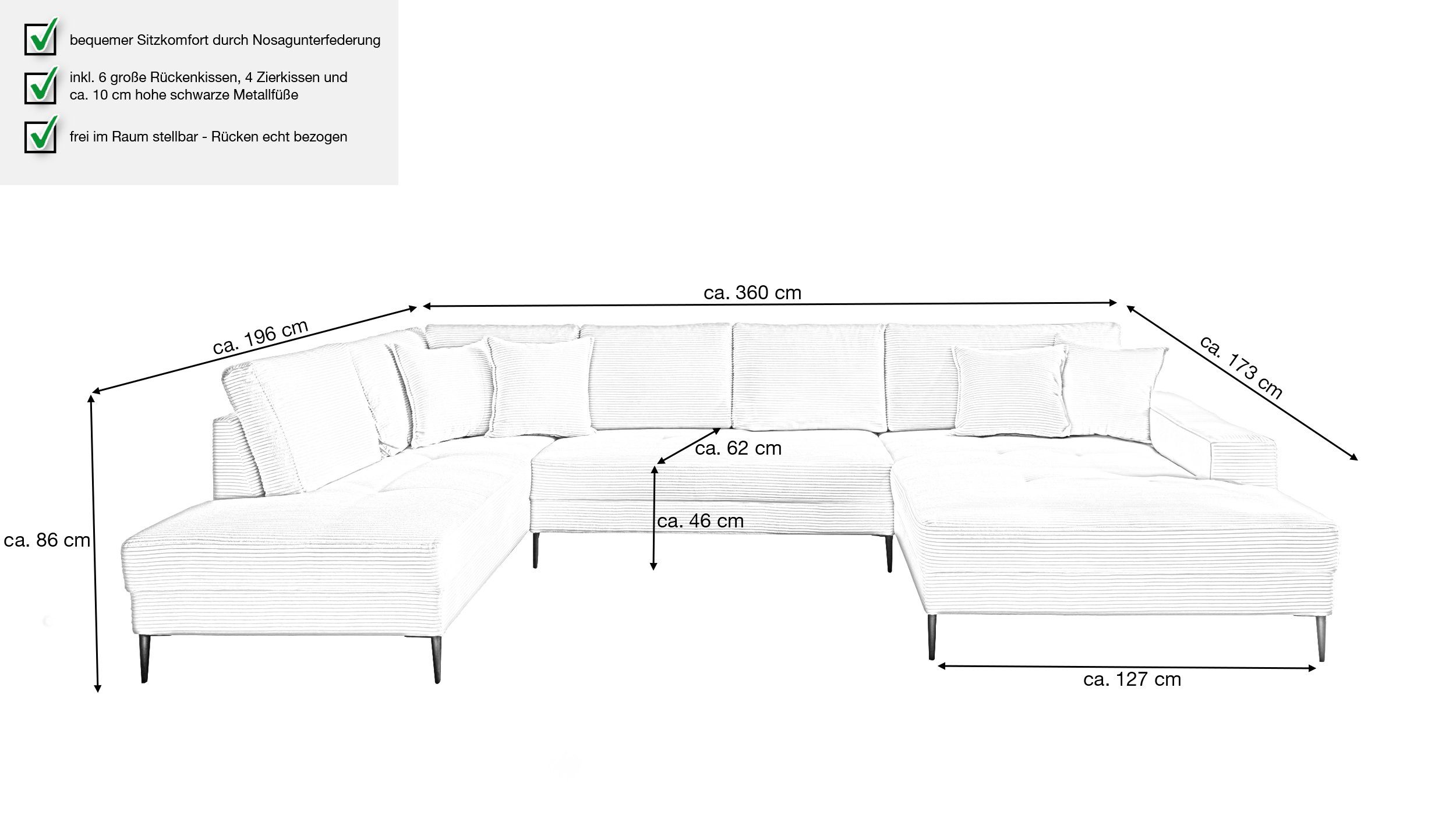Massivart® Wohnlandschaft Cord 360 cm Breite / bequeme Nosagunterfederung / Cordsofa / SUMMER, frei im Raum stellbar · schwarze Metallbeine · inkl. Kissen