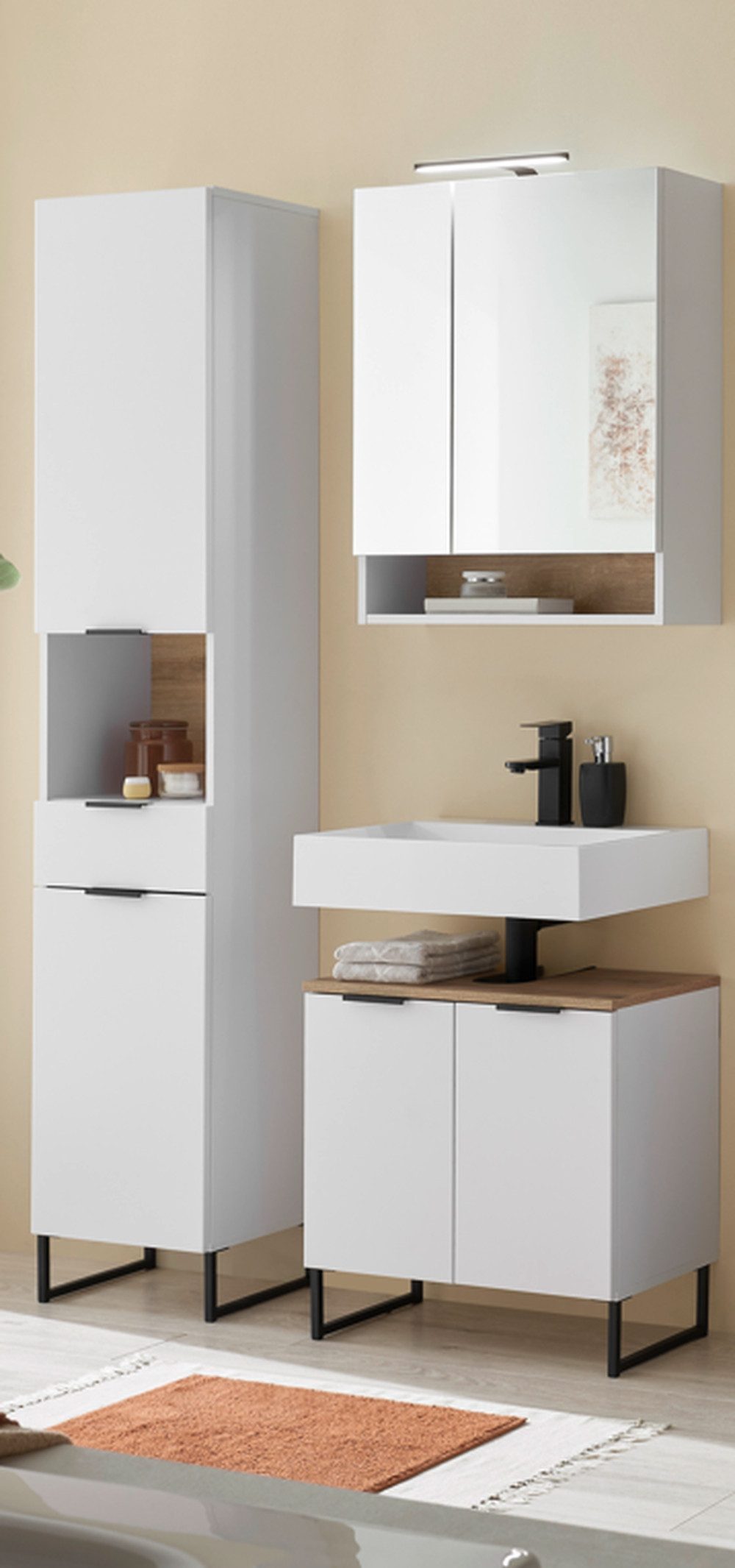 BEGA BBK Badezimmer-Set (3-tlg) in weiß matt / Evoke Eiche Dekor - 120x195x35 (BxHxT), (3-tlg., bestehend aus: Waschbeckenunterschrank,Spiegelschrank, Hochschrank)