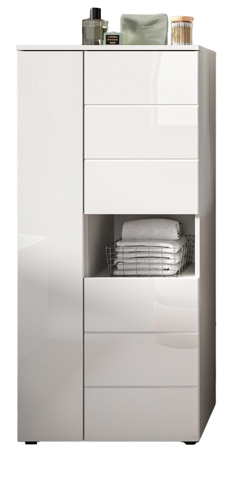 Inn.Furn Badkommode Larik (Bad Midischrank in Weiß Hochglanz, 3-türig, 60 x 131 cm), 9 Fächer für viel Stauraum