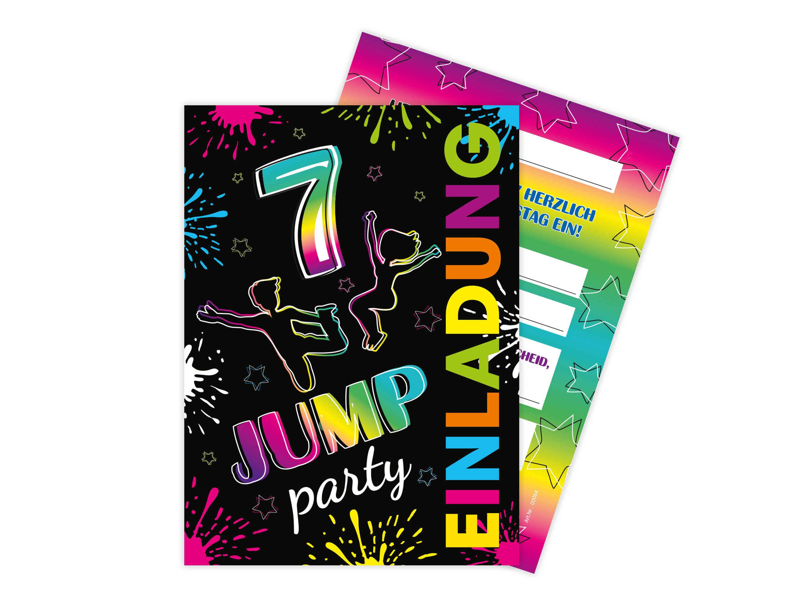 LIMONIA Einladungskarten Jump Party zum 7. Kindergeburtstag Jungs Mädchen Einladungen Trampolin, Einladungskarten zum 7. Geburtstag Trampolinpark Jump Party