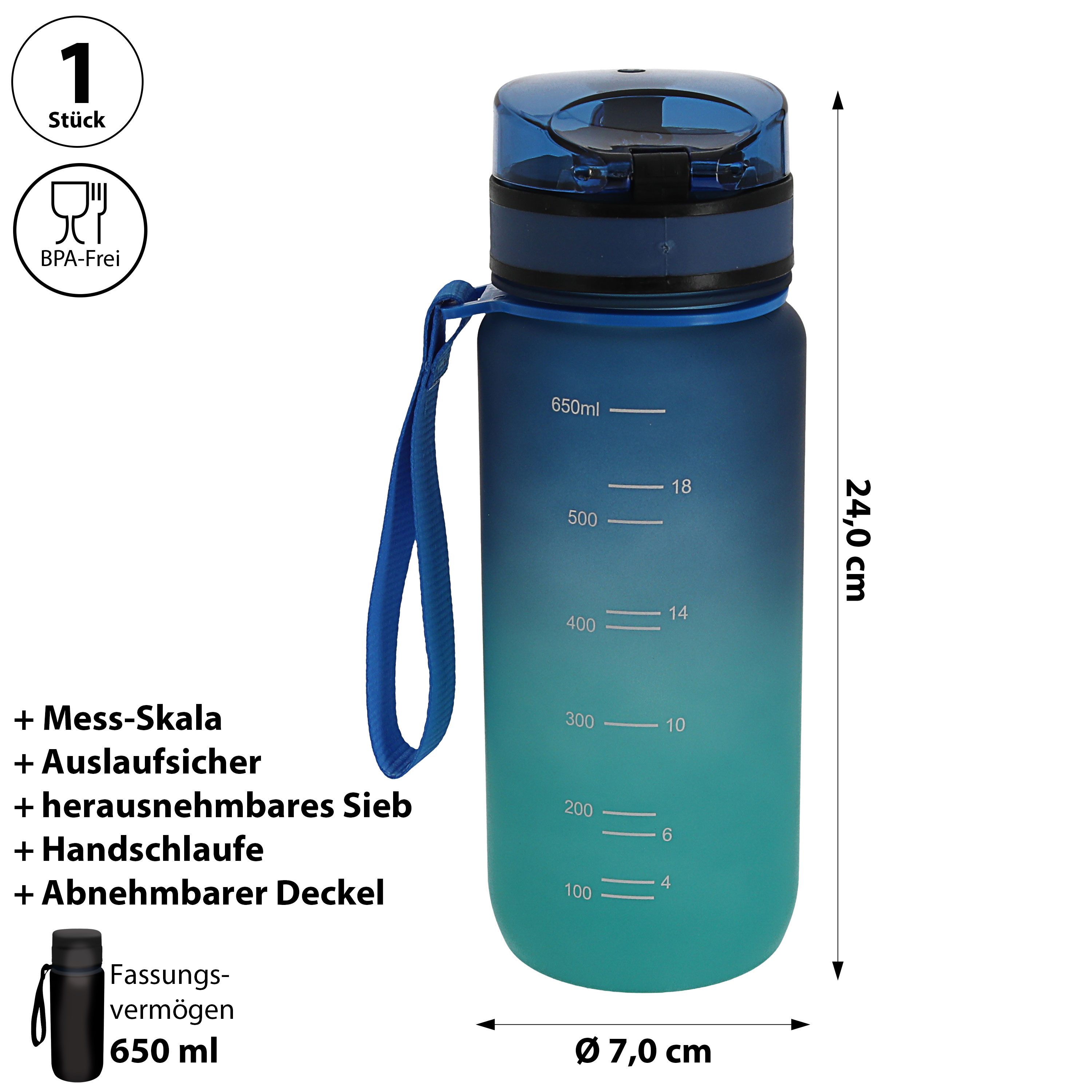 CEPEWA Trinkflasche Trinkflasche 650ml PET PP PE 7x24cm lila pink Handschlaufe Sieb