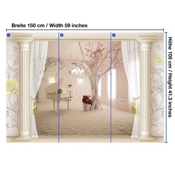 wandmotiv24 Fototapete 3D Raum Klavier Piano Baum Vorhang, glatt, Wandtapete, Motivtapete, matt, Vliestapete