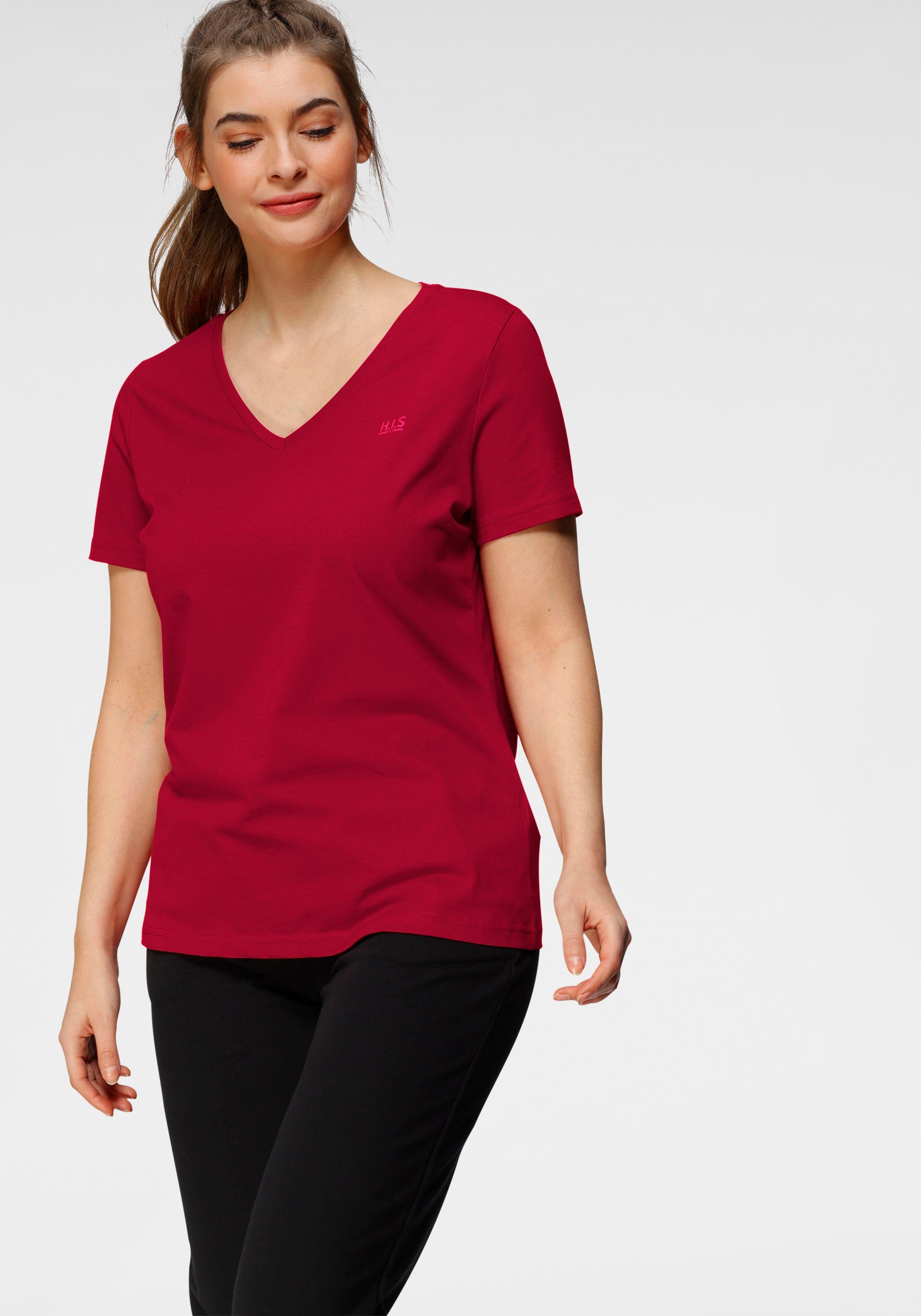 H.I.S 3er-Pack) weiß, marine, rot T-Shirt Große (Spar-Set, Größen Essential-Basics