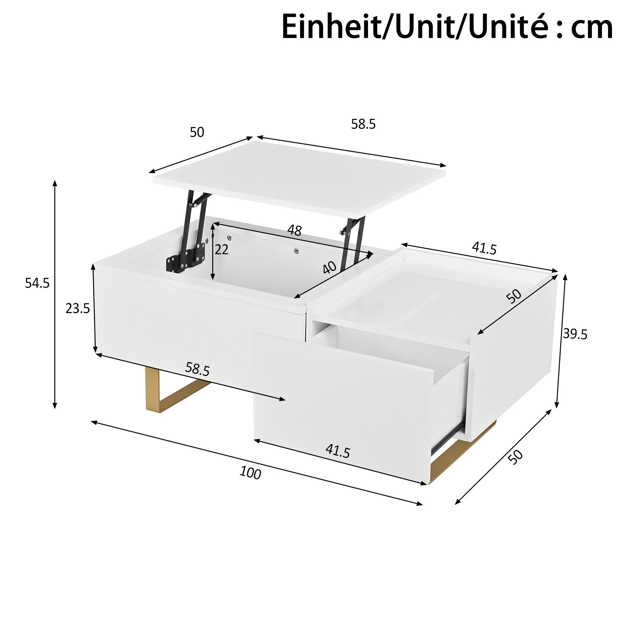 Odikalo Couchtisch Beistelltisch Sofatisch Höhenverstellbarer mit Schublade (100Lx50Bx54,5H(cm)Wohnzimmertisch Kaffeetisch mit Eisenfüßen Hochglanzoberfläche MDF)