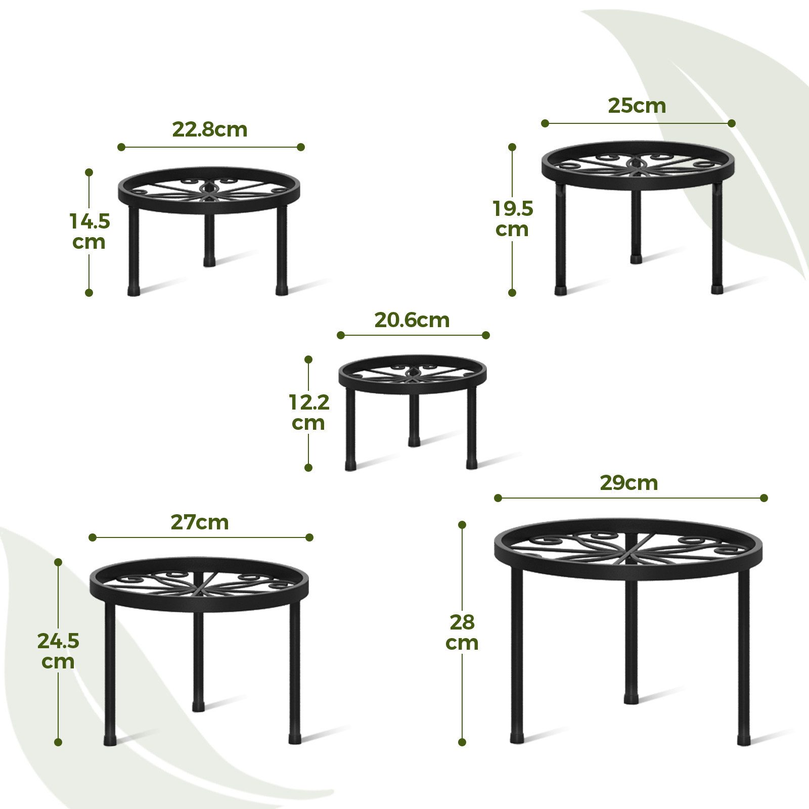 Bamworld Blumenständer 5er-Set Rostfreier Metall-Pflanzenständer, Blumenhocker, 29cm/27cm/25cm/23cm/21cm Ø, Innen/Außen-Einsatz