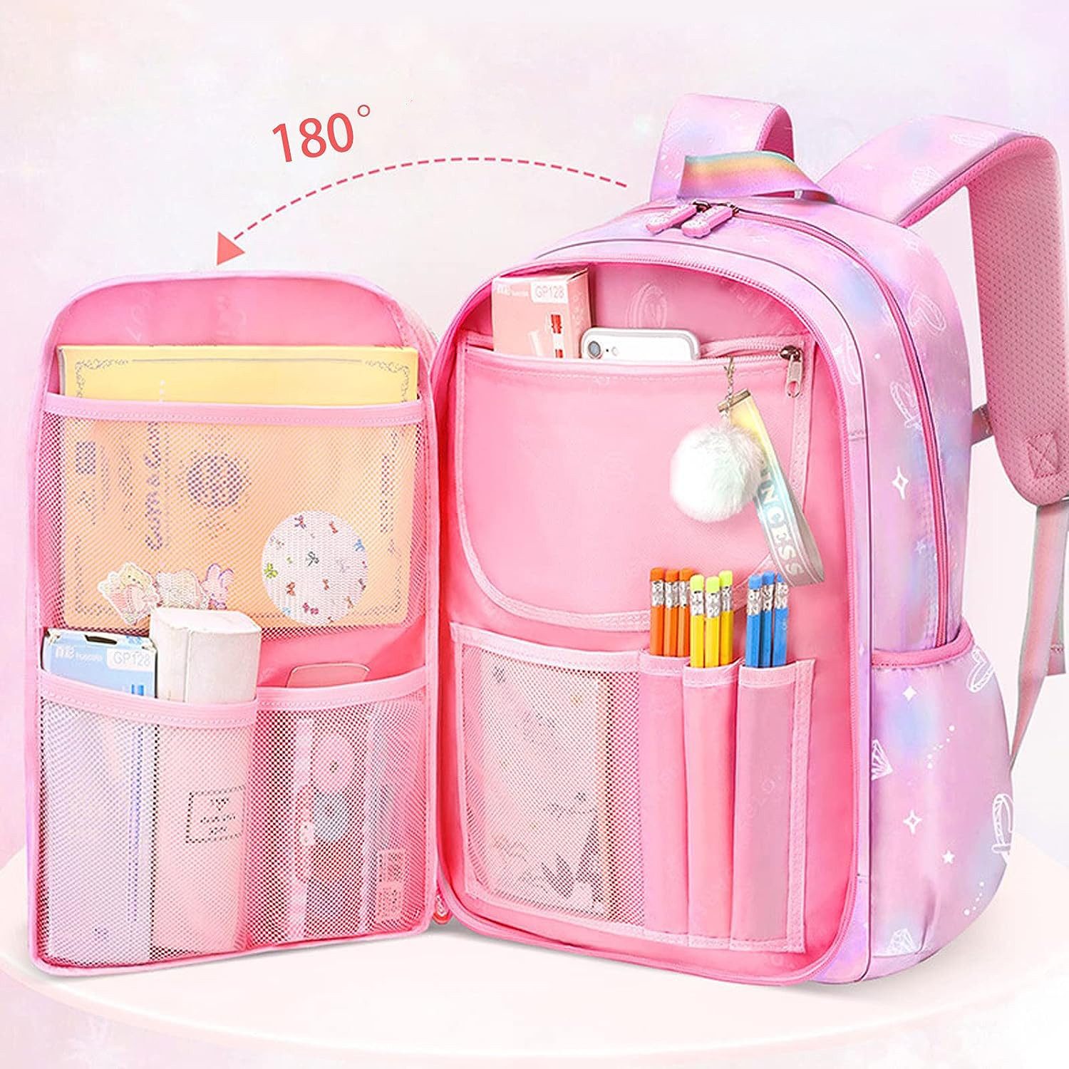 ibettertec Schulrucksack Kinderrucksack Mädchen, Schulranzen mit Großer Kapazität (Schulranzen Mädchen 1-6. klasse, Leichte und Wasserdichte Nylon Schultasche), für Kinder Schule oder Reisen