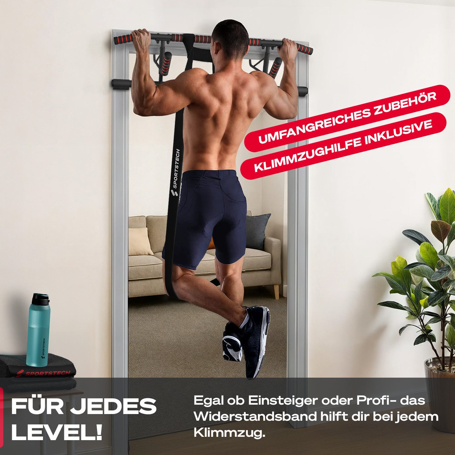 Sportstech Klimmzugstange Pullmate, Ohne Schrauben, bis 200 kg belastbar, Klappbar und verstaubar
