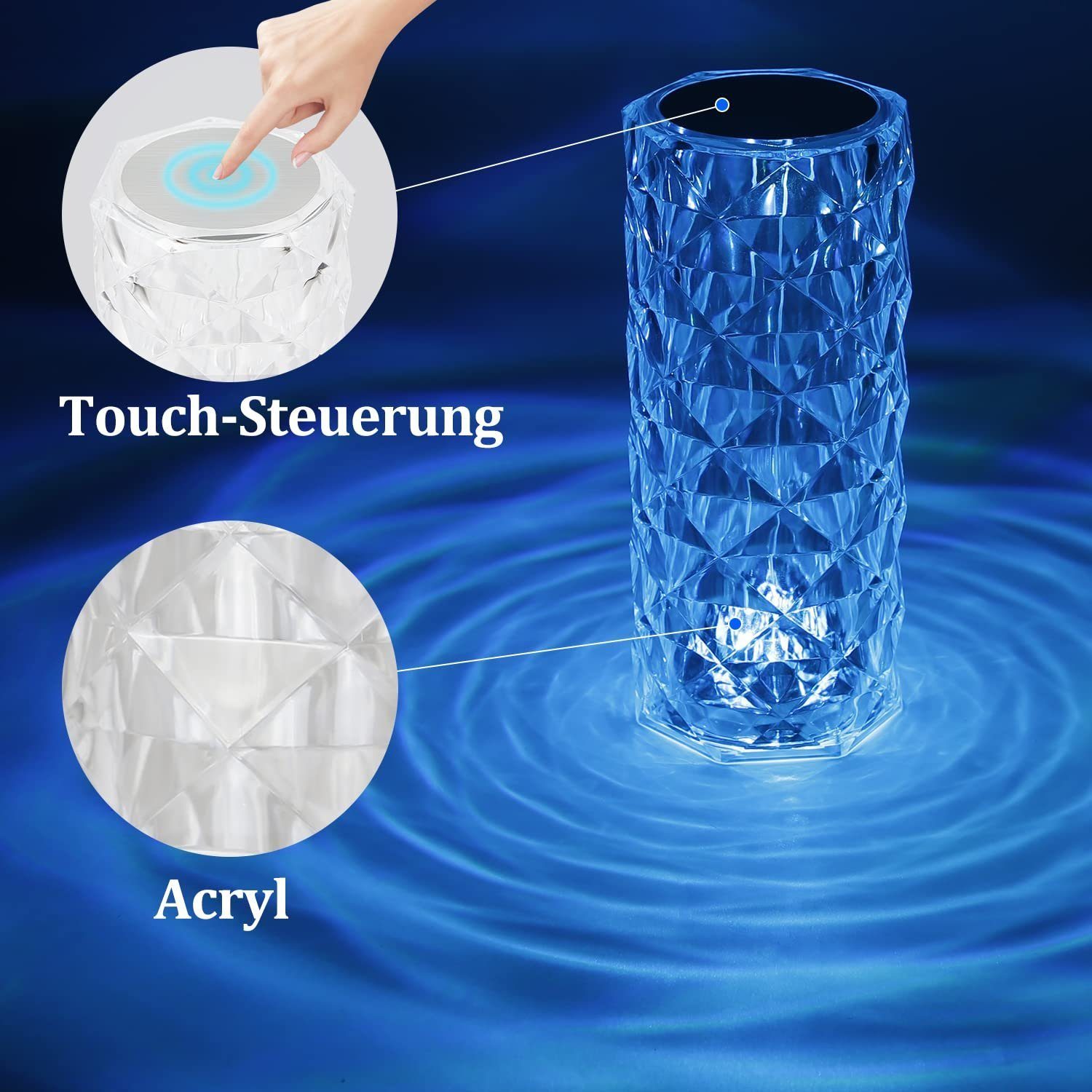 ZMH LED Tischleuchte Kristalllampe - Nachttischlampe Touch Dimmbar Rose 16 Farben, LED fest integriert, RGB, RGB Glitzer Nachtlicht für Party Schlafzimmer – Bild 4 von 5